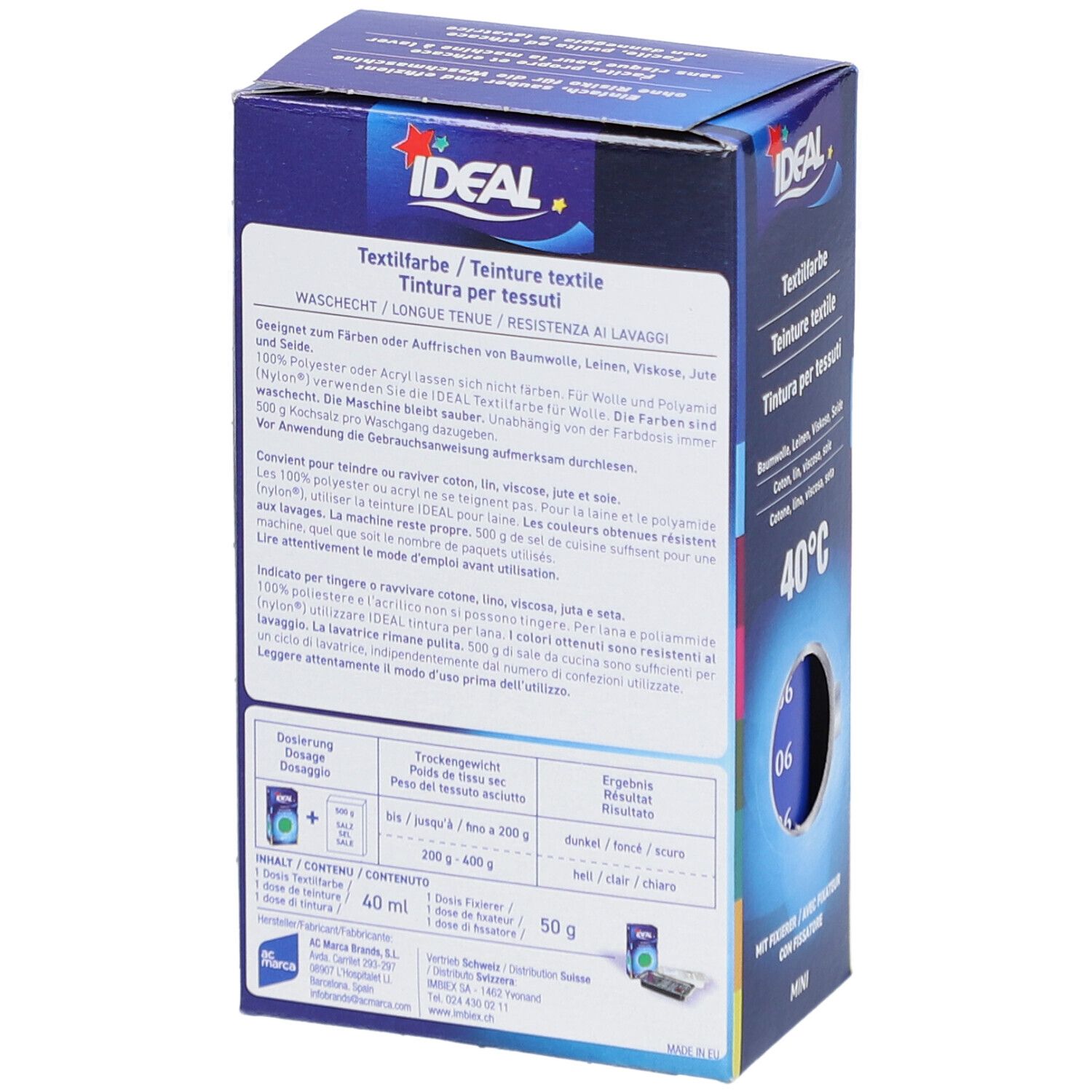 IDEAL Teinture textile, dos de l'emballage. Teinture textile, résistant au lavage, informations sur le contenu, instructions. Contenu 60 ml.