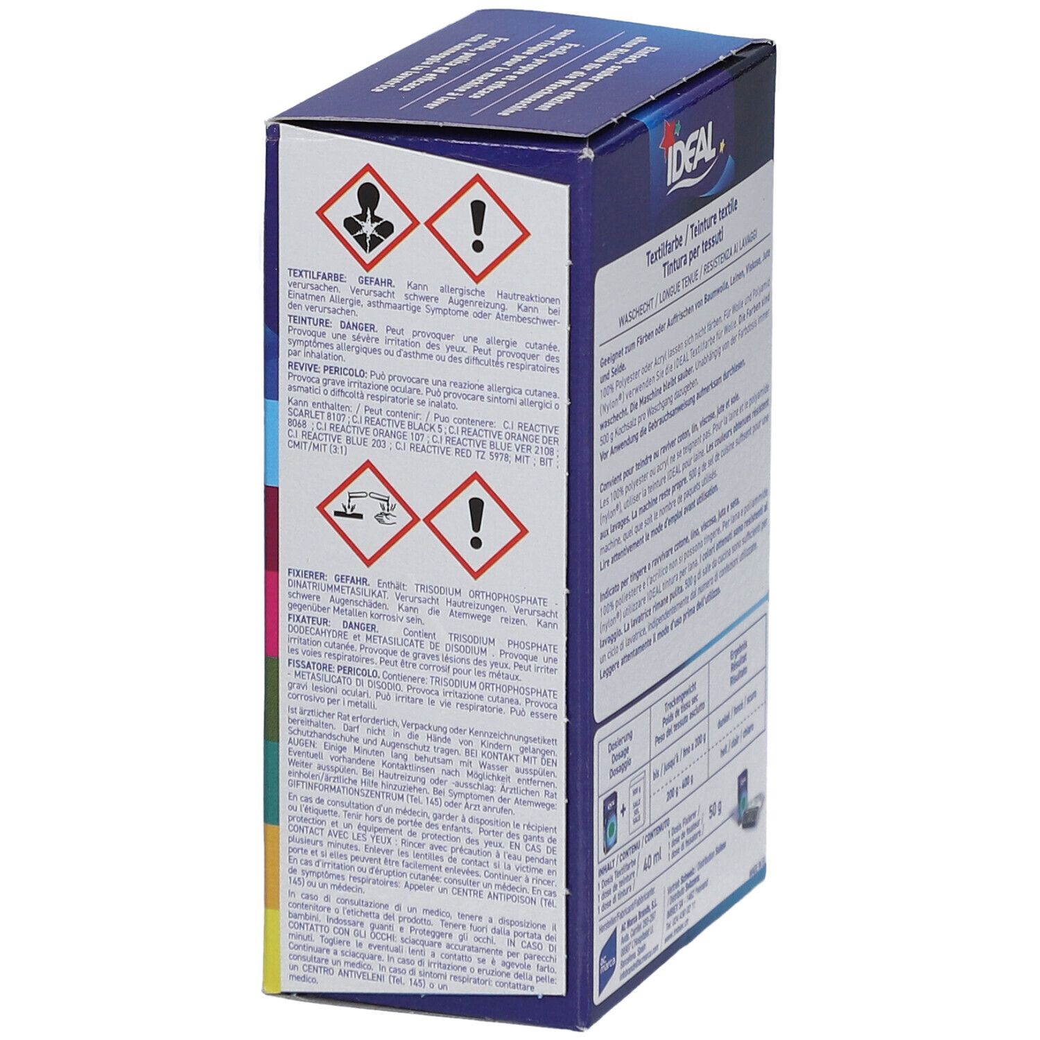 Teinture textile IDEAL, emballage avec avertissements. Symboles de danger, irritation, allergènes. Contient des colorants réactifs.
