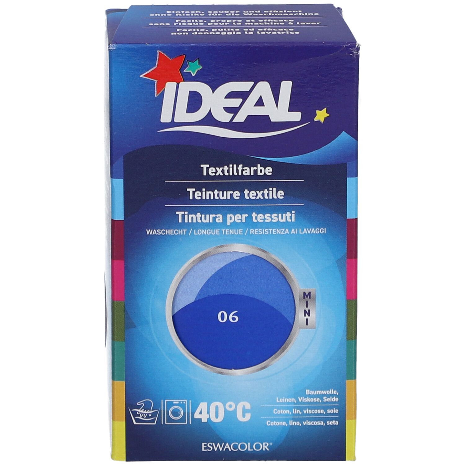 Teinture textile IDEAL, bleu roi 06, emballage Mini. Résistant au lavage. Présentation de la couleur bleue sur l'emballage.