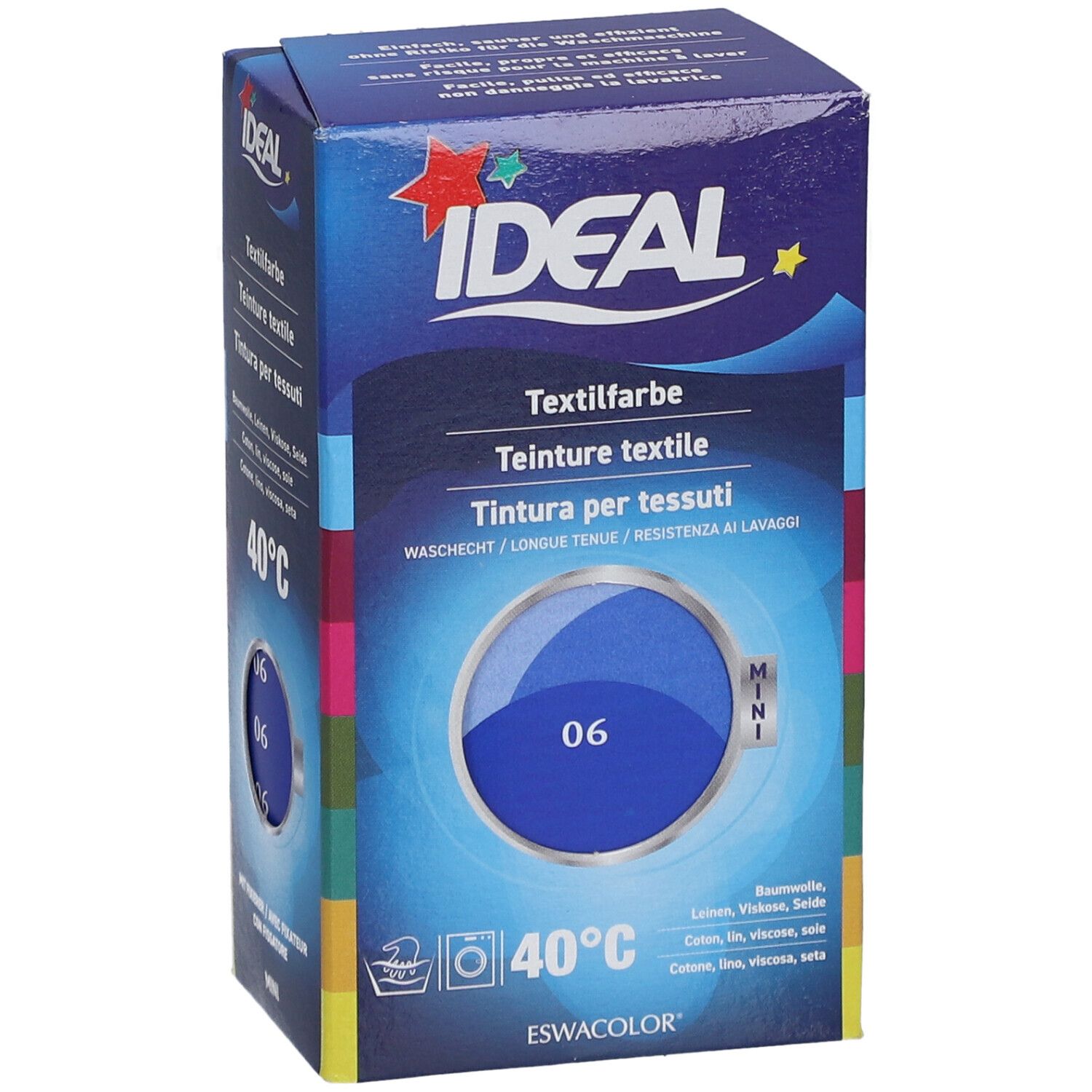 Teinture textile IDEAL, bleu roi 06, emballage Mini. Résistant au lavage. Présentation de la couleur bleue sur l'emballage.