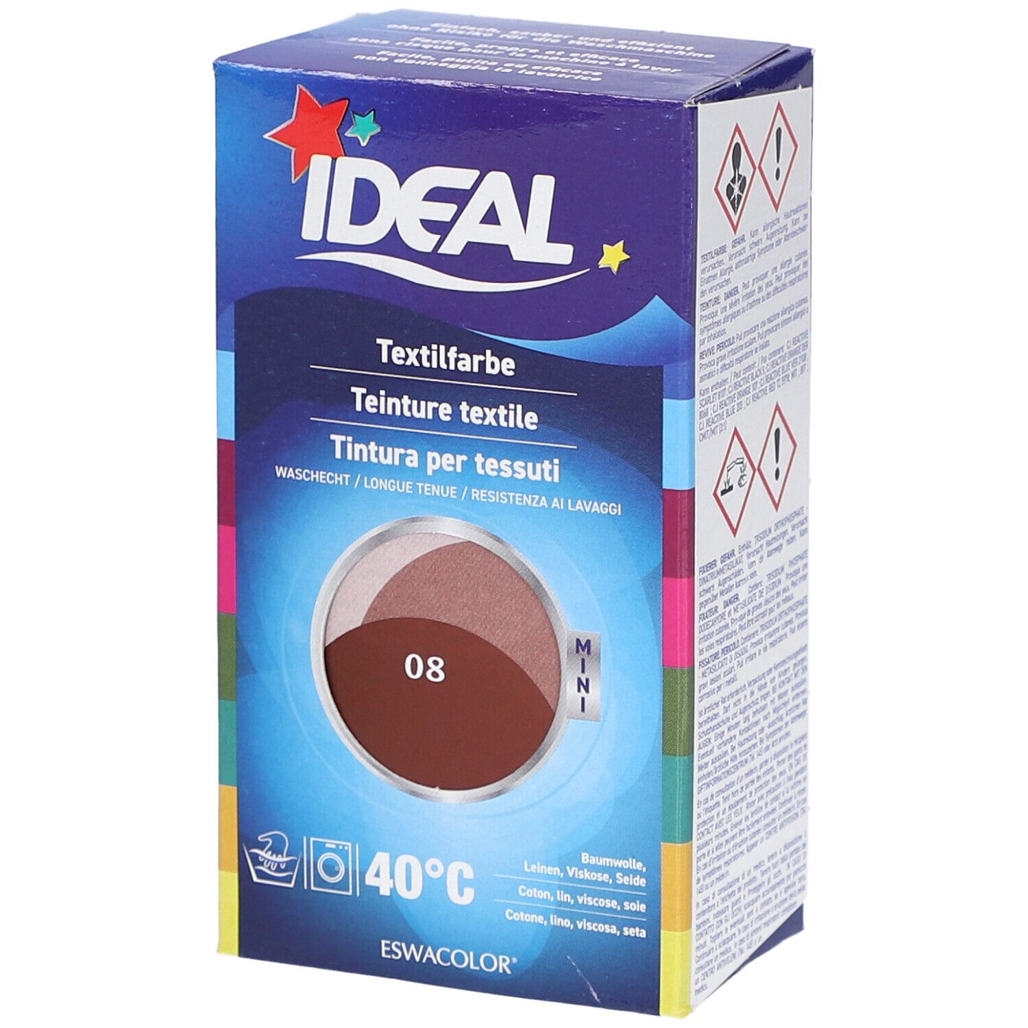 Emballage de teinture textile IDEAL, teinte 08 brun rouge. Lavable à 40°C. Pour coton, lin, jute et viscose. Format mini.