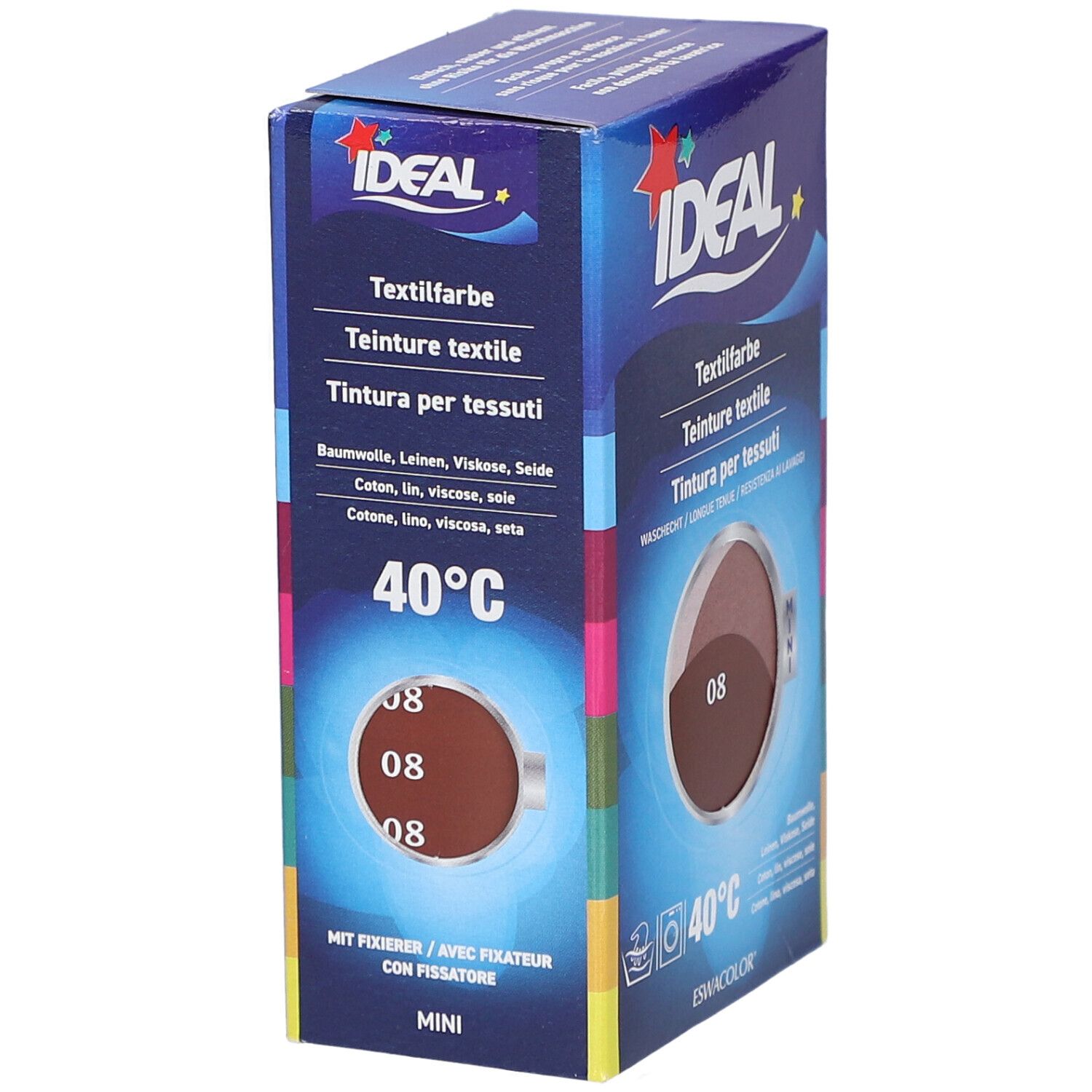 Emballage de teinture textile IDEAL, teinte 08. Pour coton, lin, viscose, soie. Lavable à 40°C. Avec fixateur. Format mini.