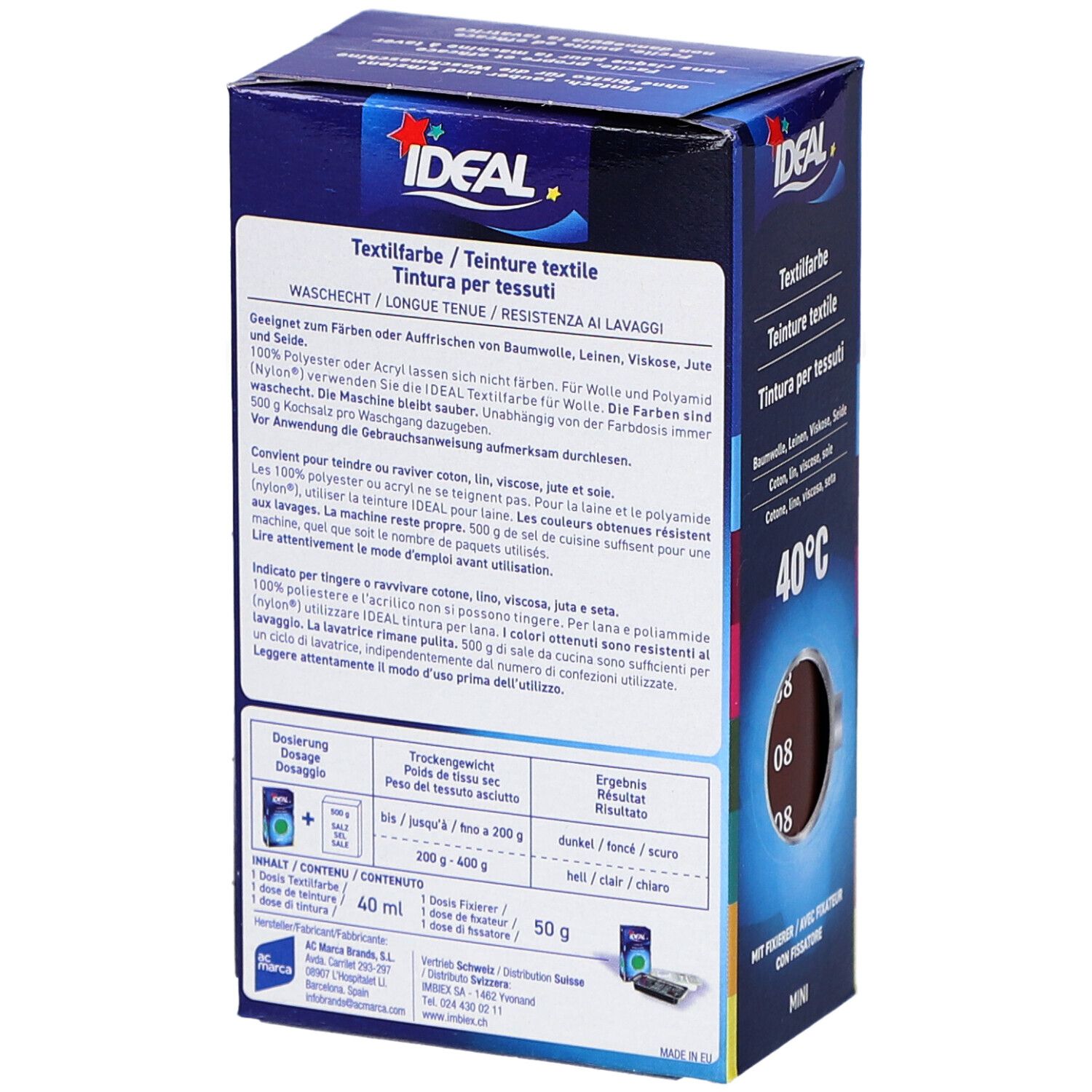 Dos de l'emballage de teinture textile IDEAL. Informations sur les ingrédients, le dosage et l'utilisation. Lavable, grand teint.