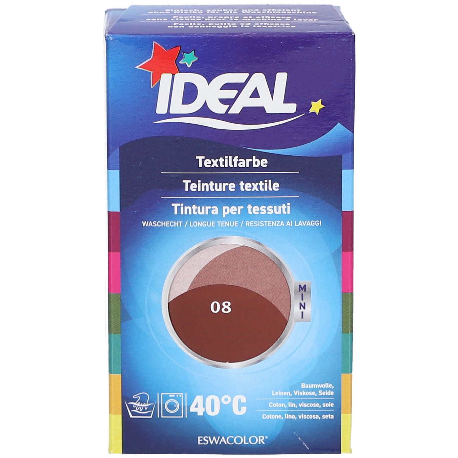 Emballage de teinture textile IDEAL, teinte 08. Lavable à 40°C. Pour coton, lin, jute et viscose. Format mini.