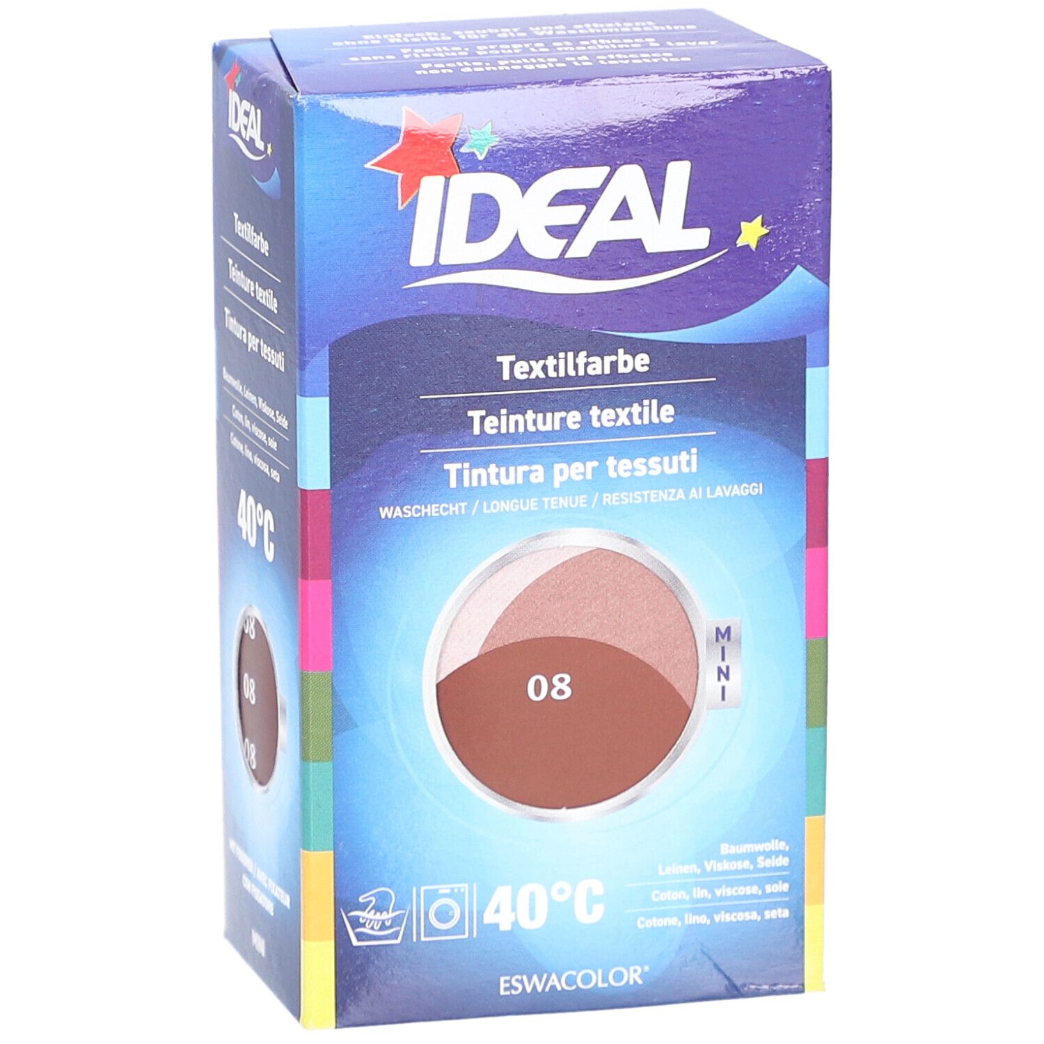 Emballage de teinture textile IDEAL, teinte 08. Lavable à 40°C. Pour coton, lin, viscose, soie. Format mini.