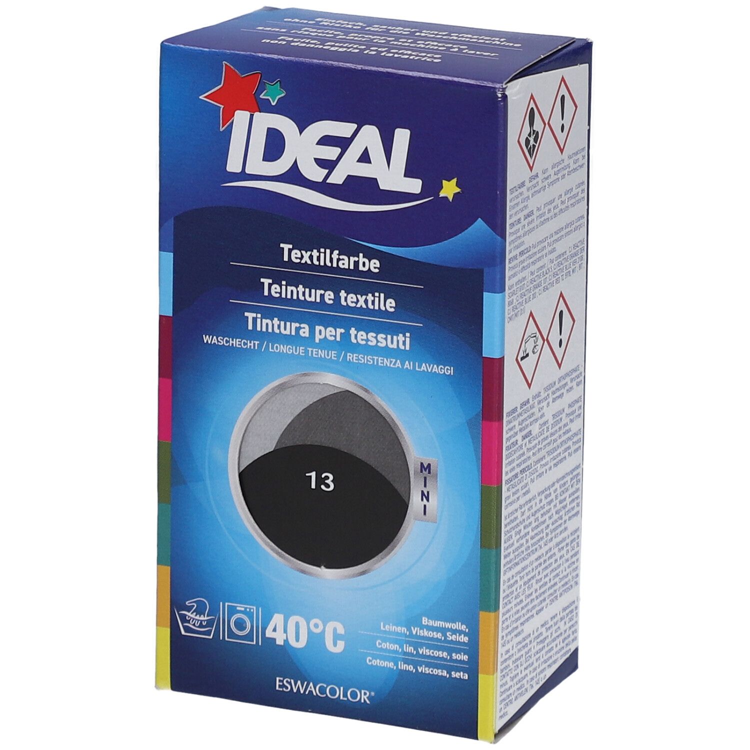 Boîte de teinture textile IDEAL. Couleur noire 13. Lavable à 40°C. Emballage mini.