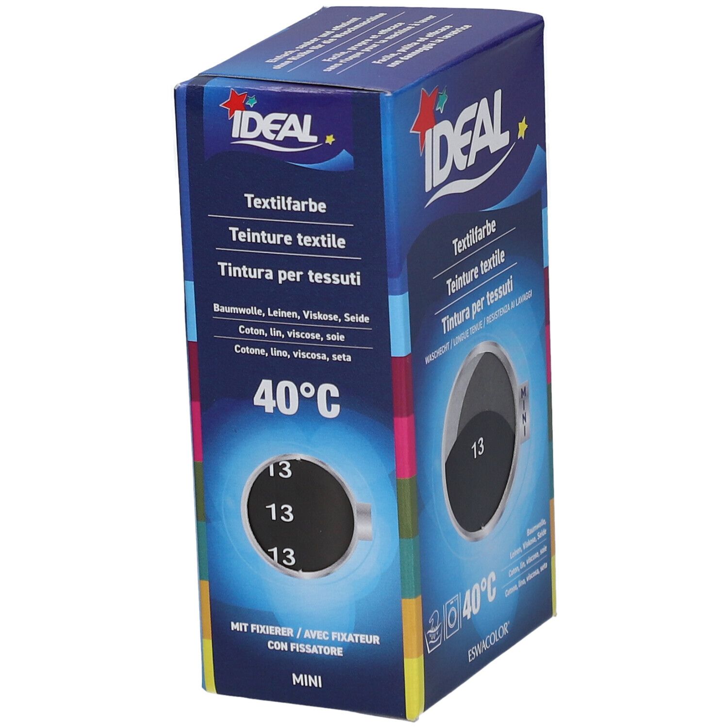 Boîte de teinture textile IDEAL. Couleur noire 13. Lavable à 40°C. Mini. Avec fixateur.