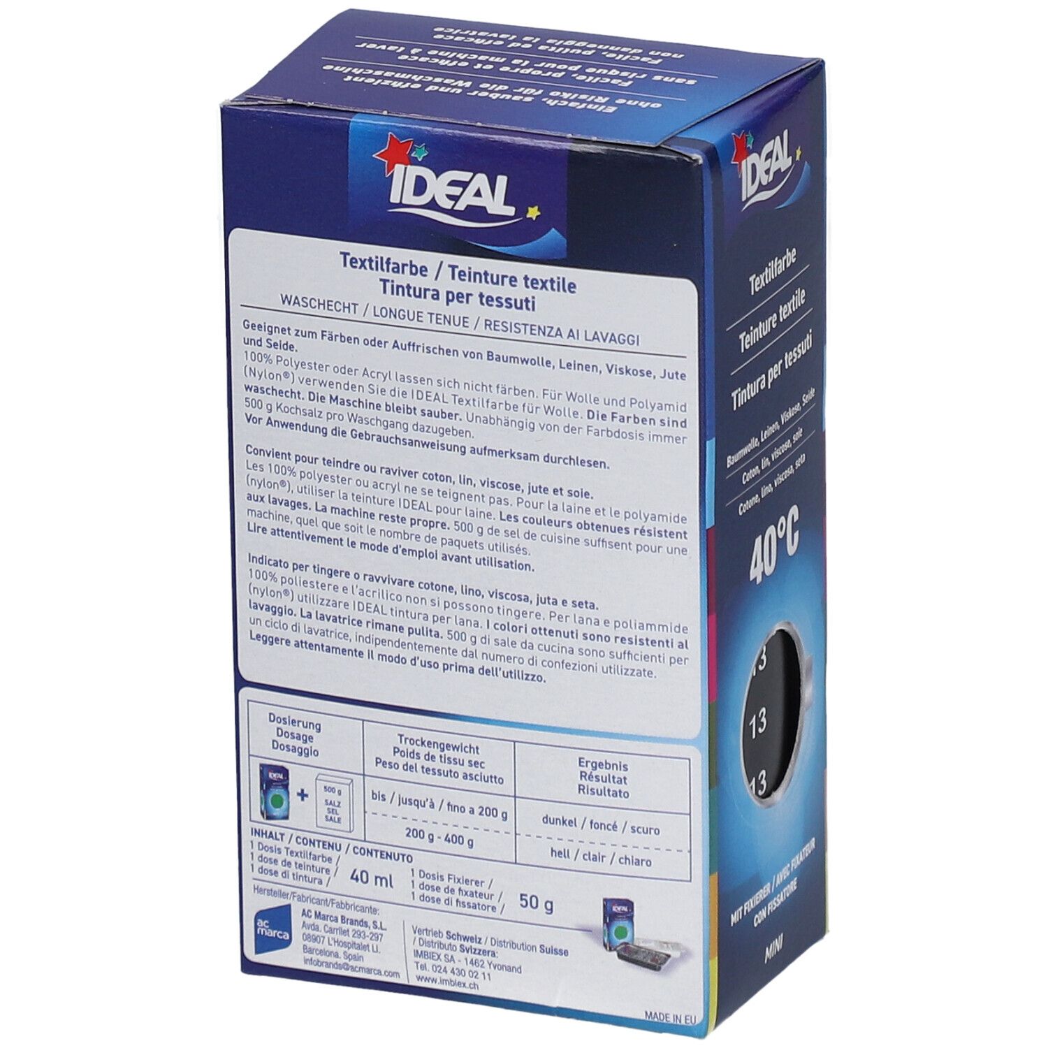 Dos de la boîte de teinture textile IDEAL. Informations sur les ingrédients, l'utilisation et le lavage.