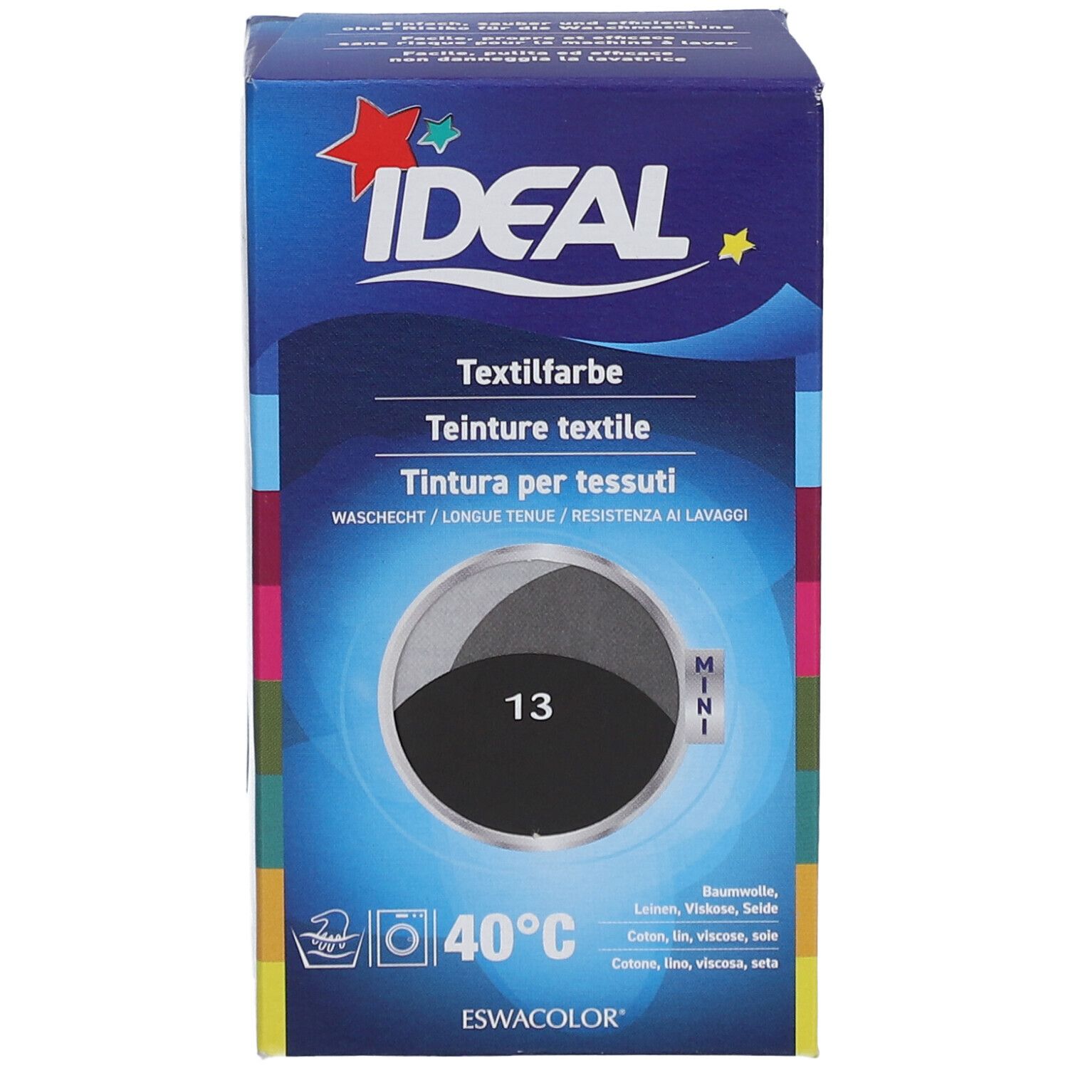 Boîte de teinture textile IDEAL. Couleur noire 13. Lavable à 40°C. Emballage mini.
