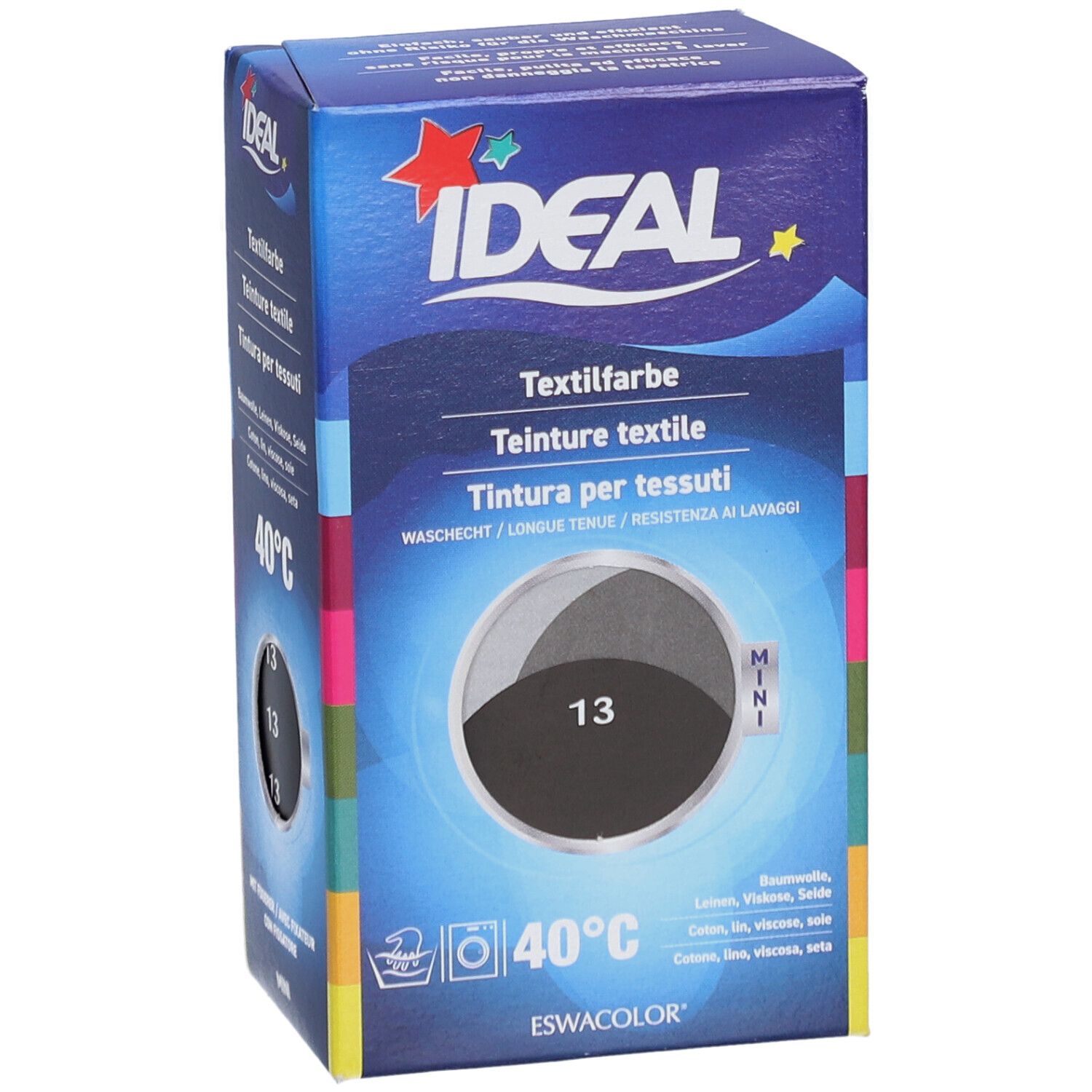 Boîte de teinture textile IDEAL. Couleur noire 13. Lavable à 40°C. Emballage mini.