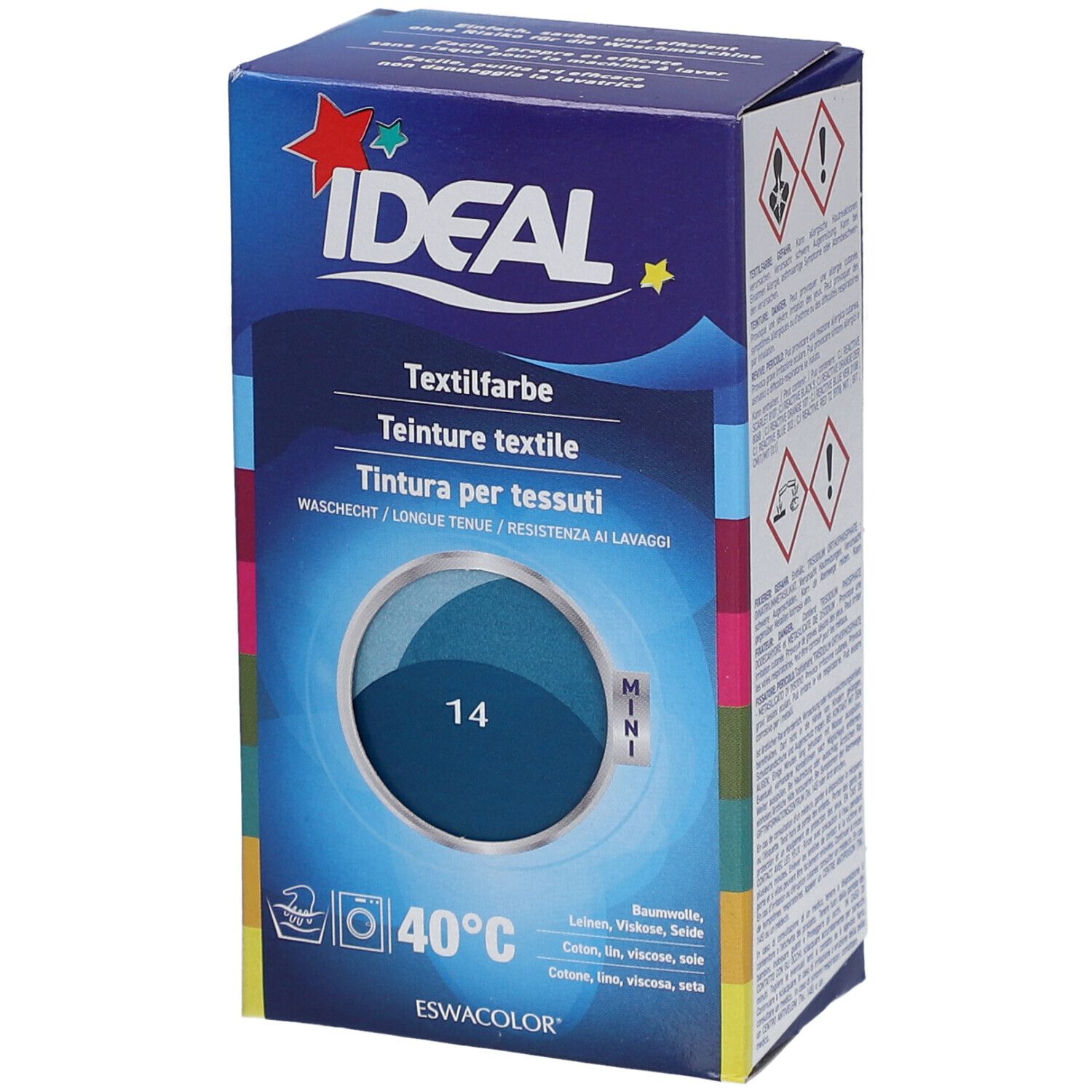 Teinture textile IDEAL, bleu pétrole, emballage Mini. Symbole de lavage 40°C. Cercle de couleur avec teinte 14. Informations produit.