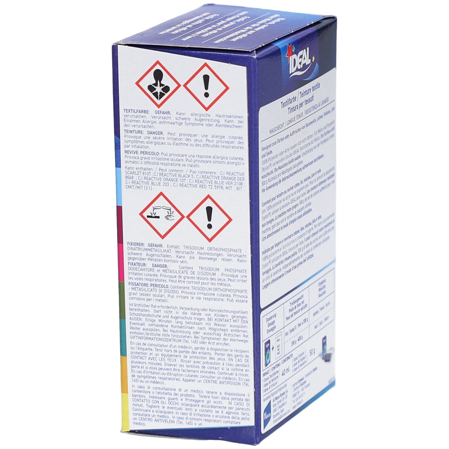 Côté de l'emballage de la teinture textile IDEAL. Avertissements et symboles de danger. Informations sur l'utilisation et les ingrédients. Teinte 14.