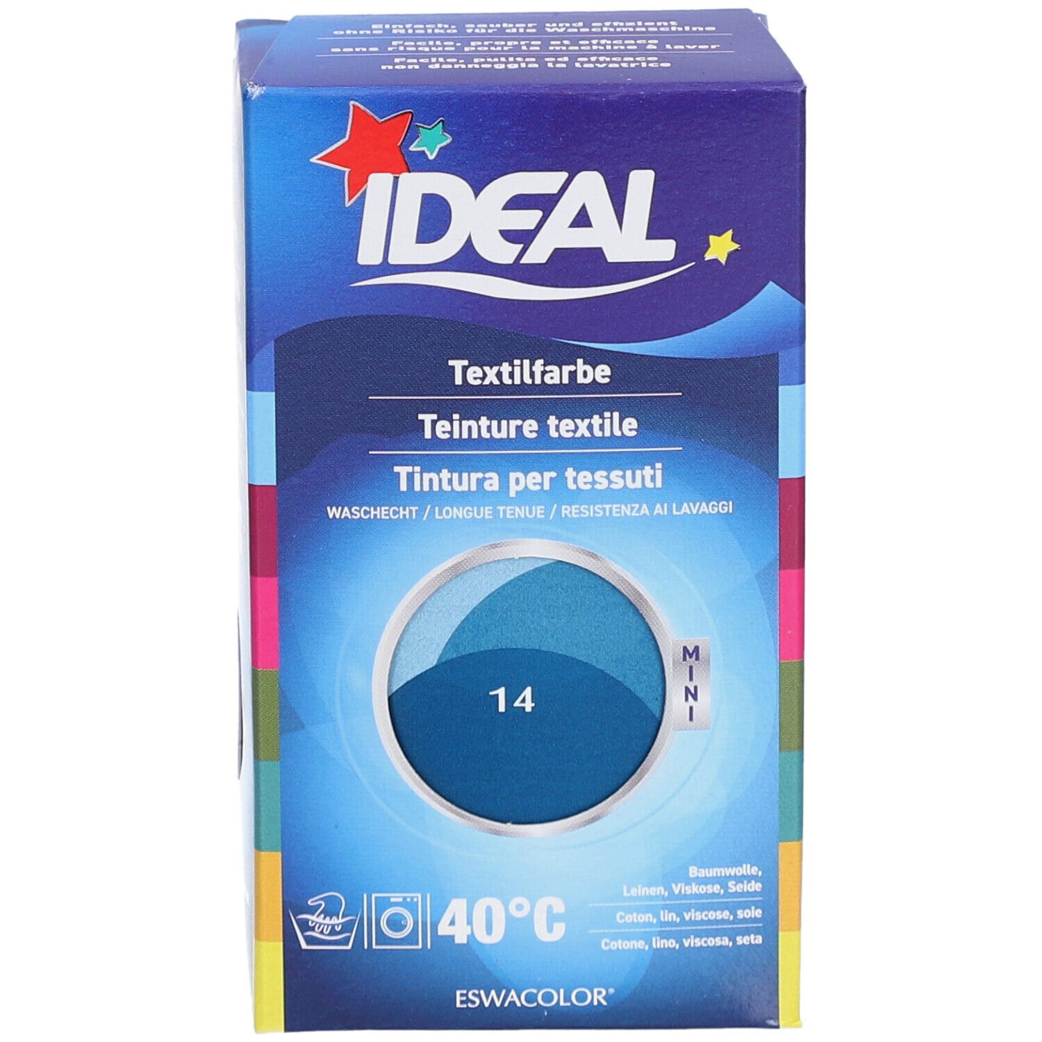 Teinture textile IDEAL, bleu pétrole, emballage Mini. Symbole de lavage 40°C. Cercle de couleur avec teinte 14. Informations produit.