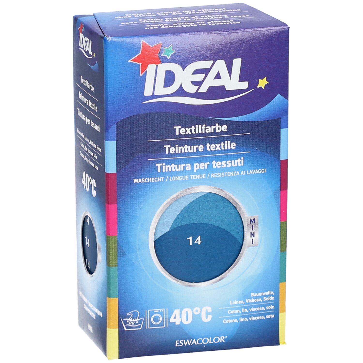 Teinture textile IDEAL, bleu pétrole, emballage Mini. Symbole de lavage 40°C. Cercle de couleur avec teinte 14. Informations produit.