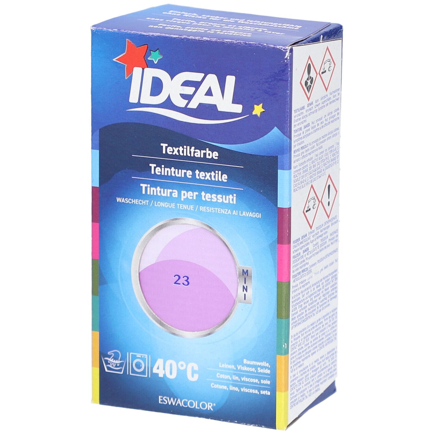 Teinture textile Ideal MINI, teinte 23 Flieder, en boîte. Lavable à 40°C. Contient coton, lin, viscose, soie.