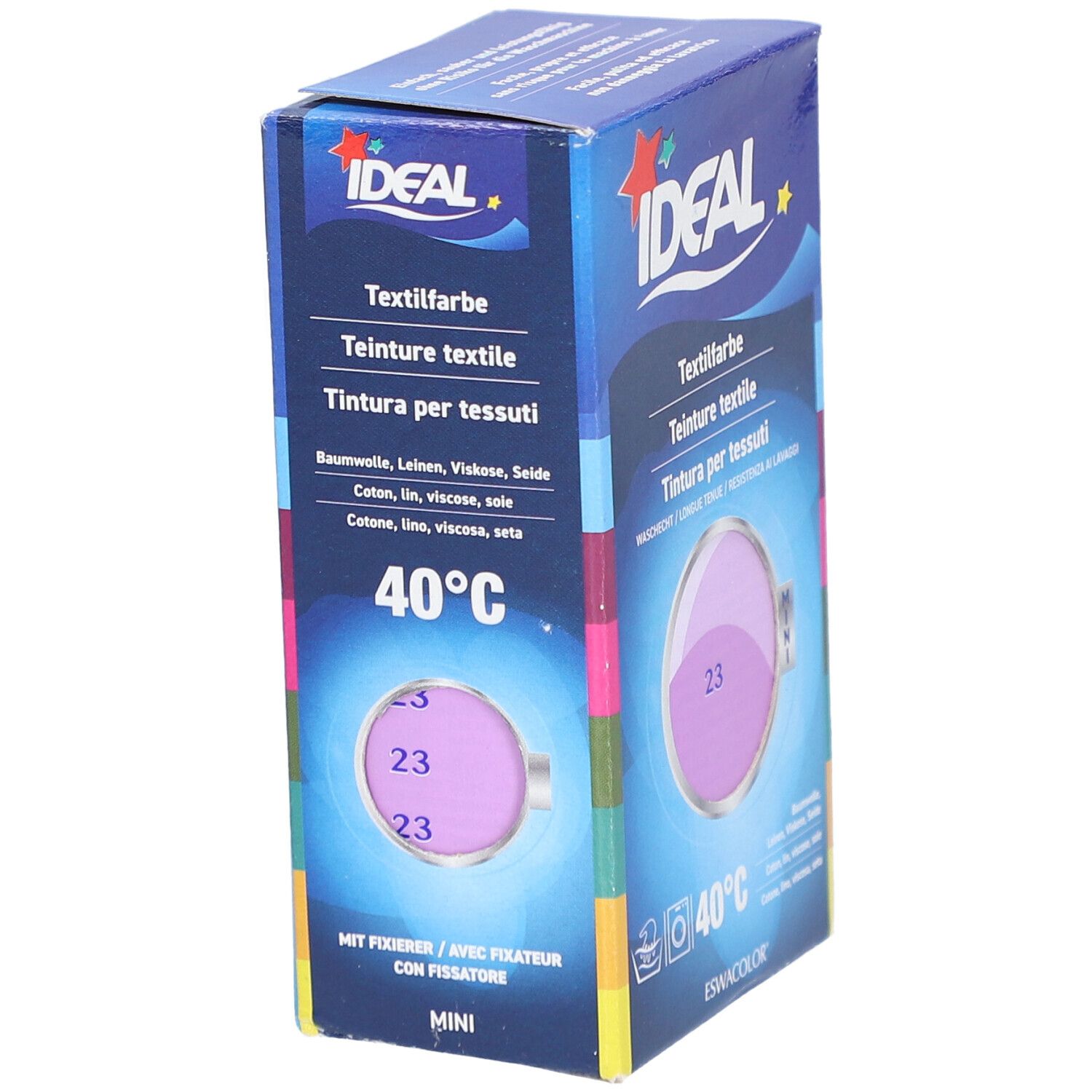 Teinture textile Ideal MINI, teinte 23 Flieder, en boîte. Lavable à 40°C. Avec fixateur.