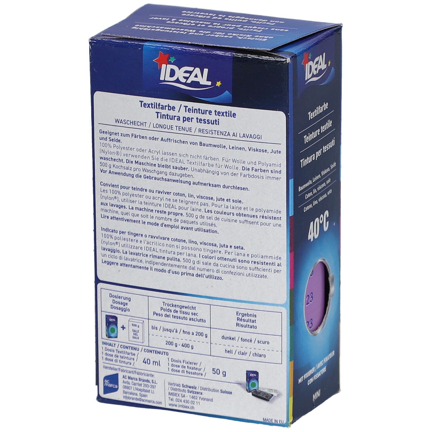 Dos de la boîte de teinture textile Ideal MINI. Contient des informations sur les ingrédients, le dosage et le lavage.