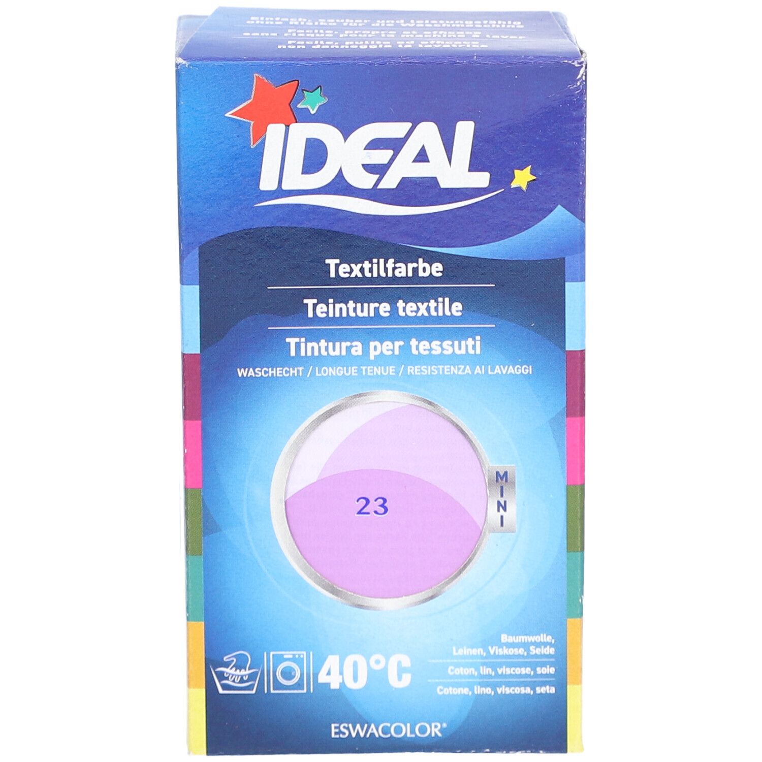 Teinture textile Ideal MINI, teinte 23 Flieder, en boîte. Lavable à 40°C. Contient coton, lin, viscose, soie.