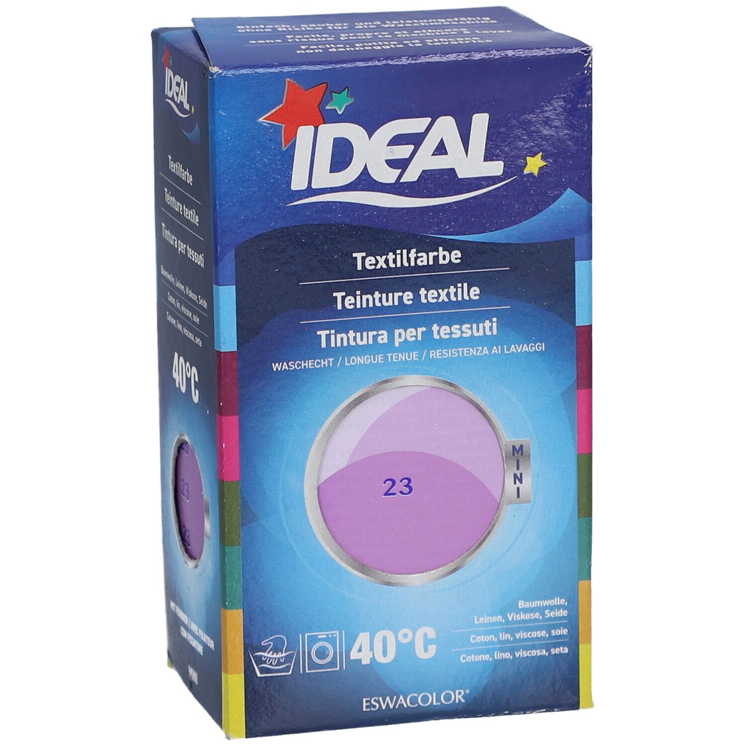 Teinture textile Ideal MINI, teinte 23 Flieder, en boîte. Lavable à 40°C. Contient coton, lin, viscose, soie.