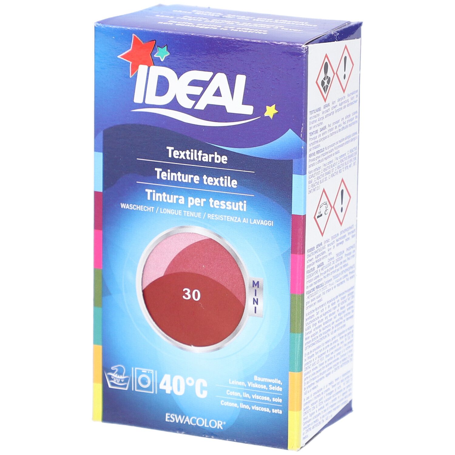 Teinture textile IDEAL, teinte 30 Mini, pour lavage à 40°C, pour coton, viscose, soie.