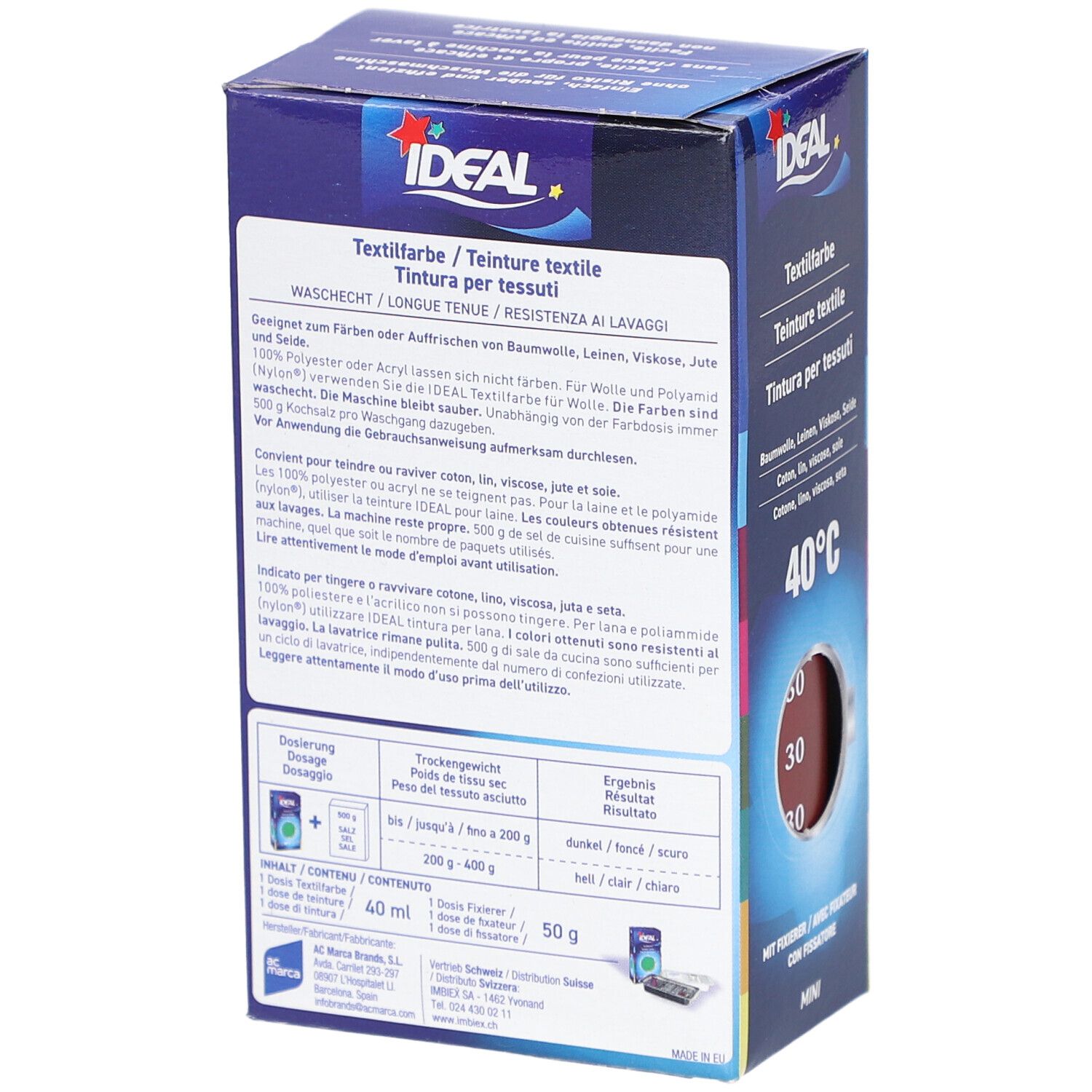 Boîte de teinture textile IDEAL, 40ml, pour 50g de textile.