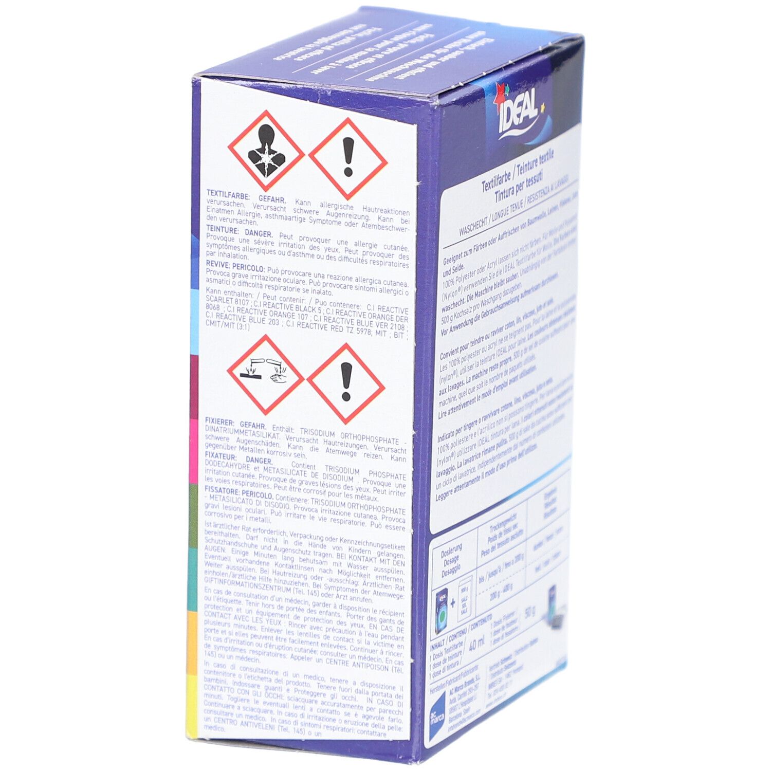 IDEAL Colorant textile, emballage cartonné avec symboles d'avertissement et instructions.
