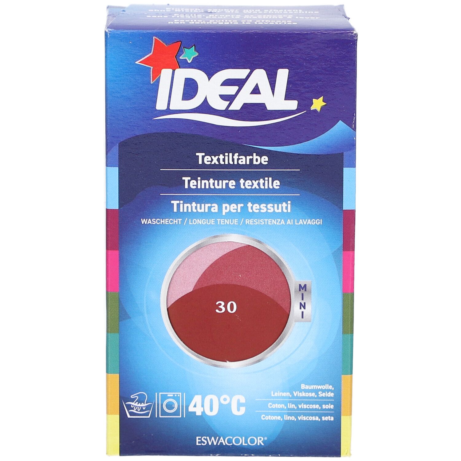 Teinture textile IDEAL rouge, lavage 40°C, pour coton, lin, viscose, soie.