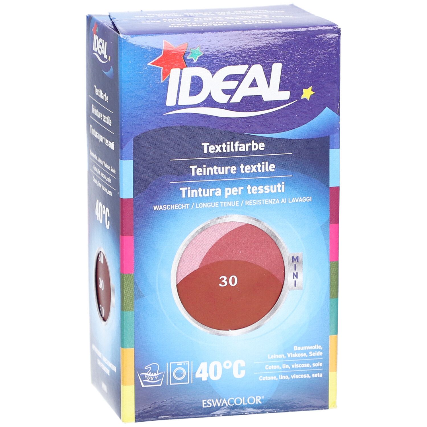 Boîte de teinture textile IDEAL, brun-rouge, 30ml, pour lavage à 40°C.