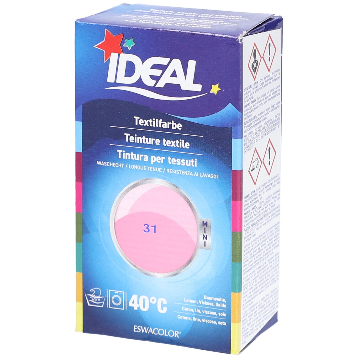 Boîte de teinture textile IDEAL. Échantillon rose avec le numéro 31. Symbole de lavage et 40°C. Version Mini.