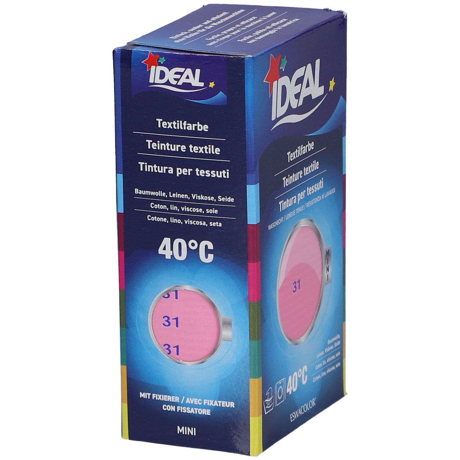 Boîte de teinture textile IDEAL. Échantillon rose avec le numéro 31. Symbole de lavage et 40°C. Version Mini.