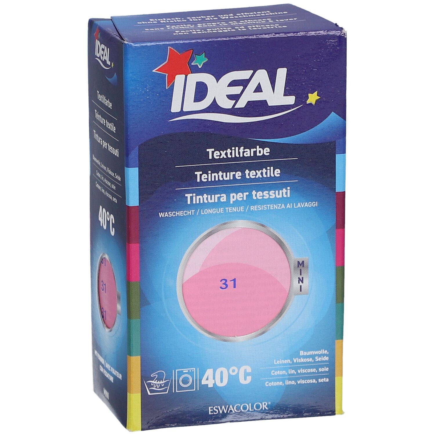 Boîte de teinture textile IDEAL. Échantillon rose avec le numéro 31. Symbole de lavage et 40°C. Version Mini.