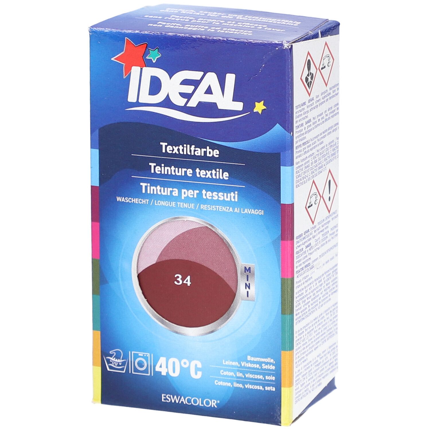 IDEAL Mini teinture textile, 34 Bordeaux. Emballage avec illustration du produit. Lavage 40°C. Marque IDEAL.
