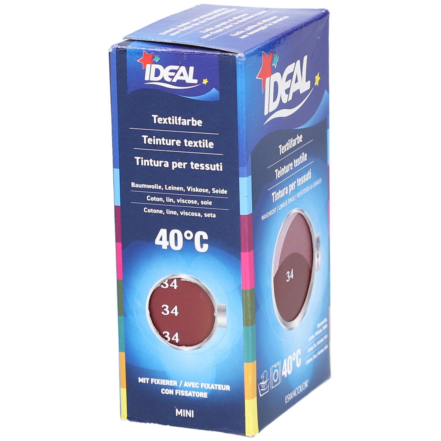 IDEAL Mini teinture textile, 34 Bordeaux. Emballage avec illustration du produit. Lavage 40°C. Marque IDEAL.