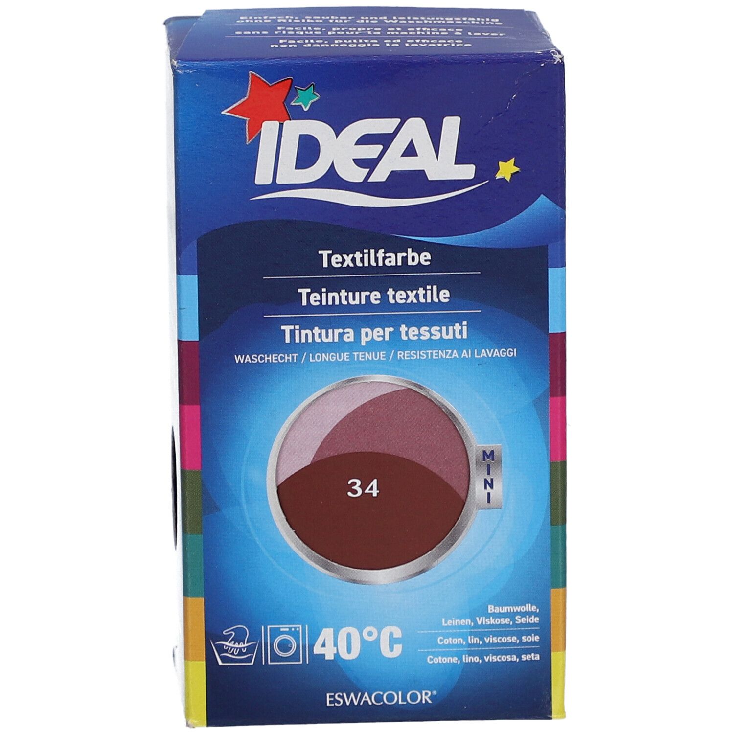 IDEAL Mini teinture textile, 34 Bordeaux. Emballage avec illustration du produit. Lavage 40°C. Marque IDEAL.