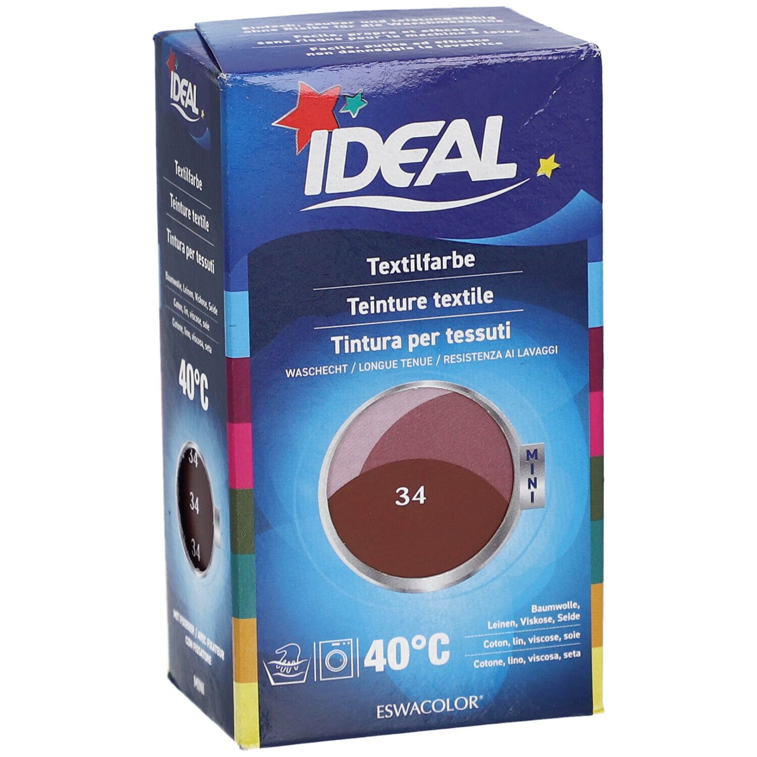 IDEAL Mini teinture textile, 34 Bordeaux. Emballage avec illustration du produit. Lavage 40°C. Marque IDEAL.