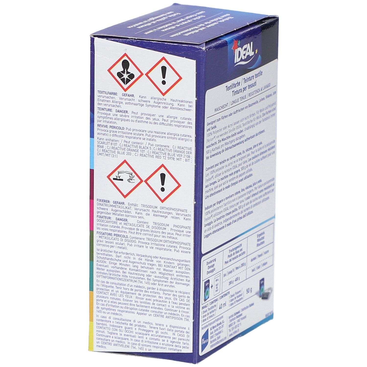 Côté de la boîte de teinture textile. IDEAL, 40°C, MINI. Contient des avertissements et des symboles de danger. En plusieurs langues.