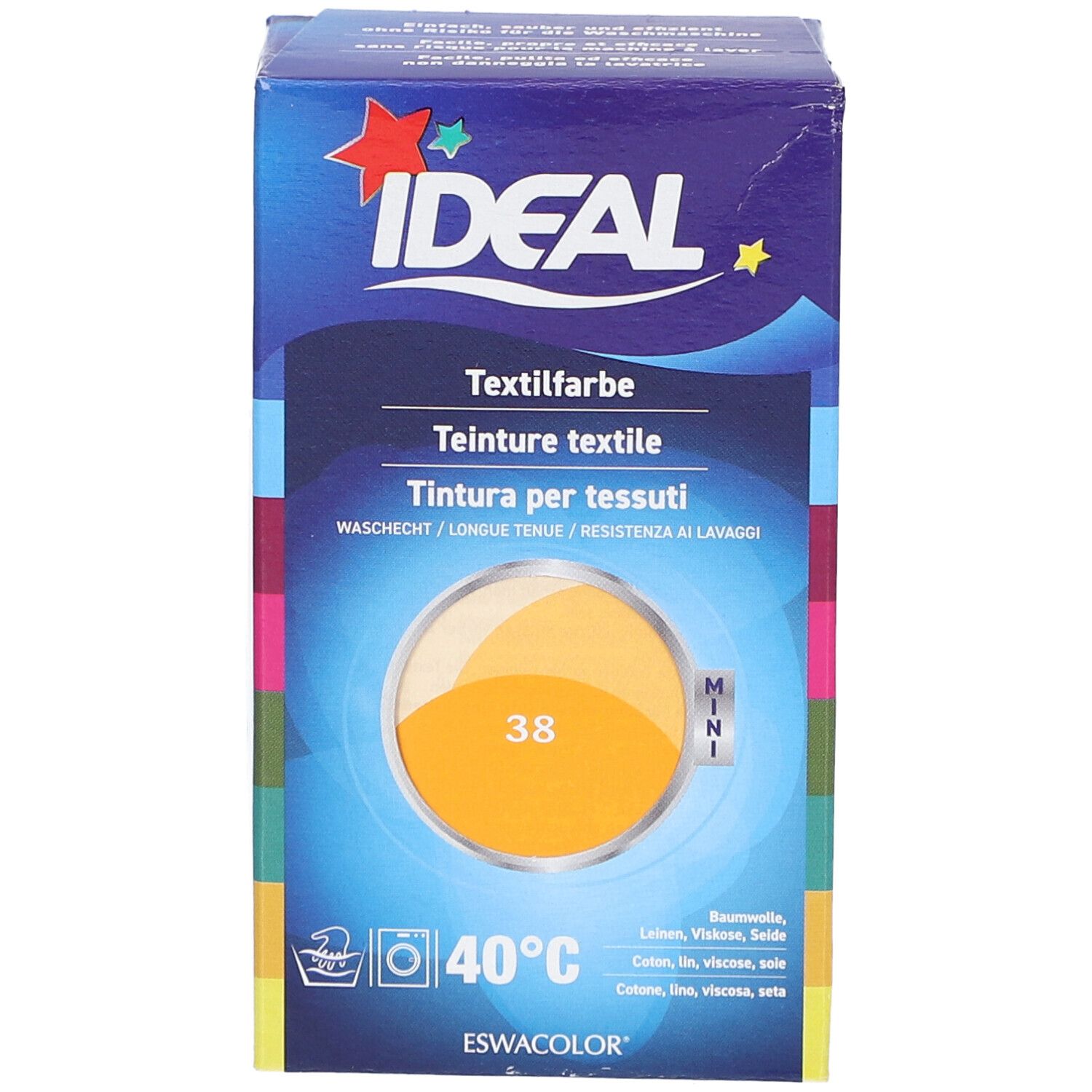 Boîte de teinture textile IDEAL, 40°C, MINI. Teinte 38 Mandarine. Pour coton, lin, viscose et soie. Inscriptions en allemand, italien et français.