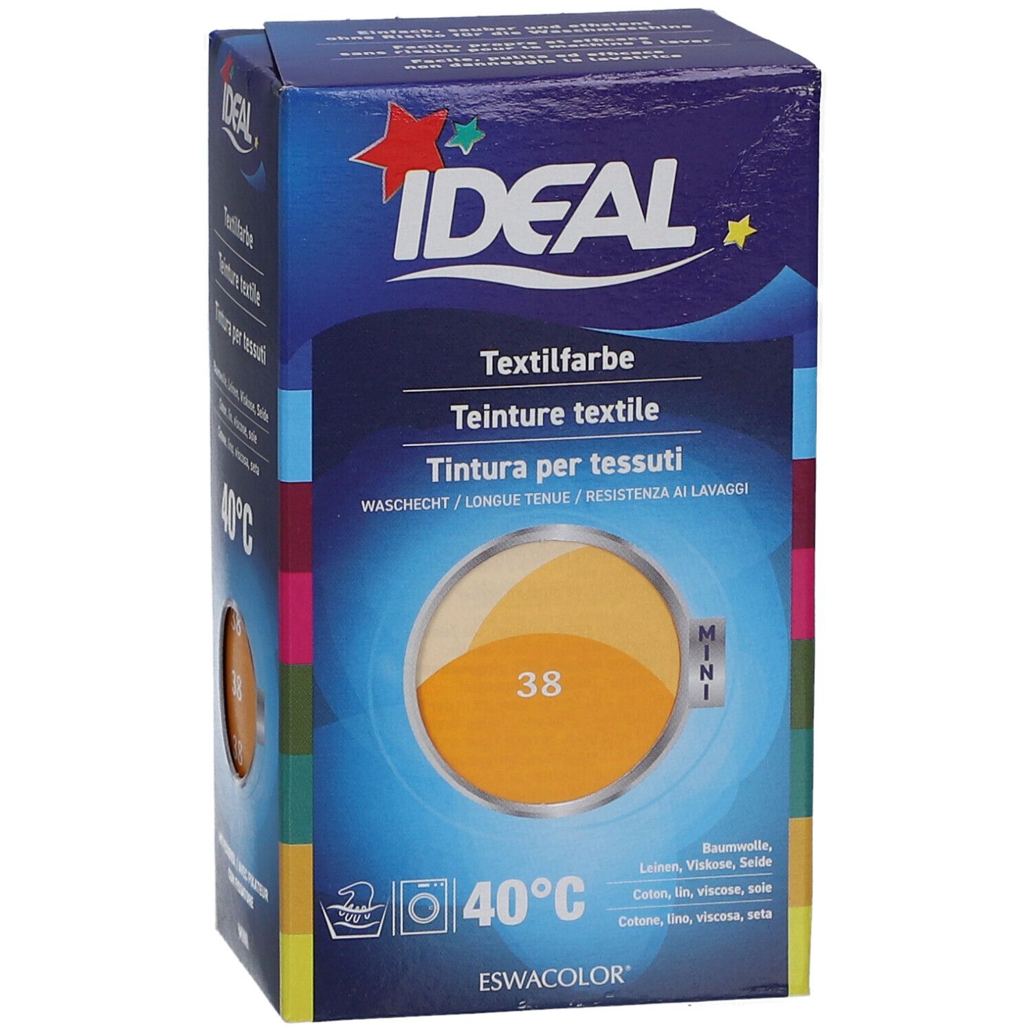 Boîte de teinture textile IDEAL, 40°C, MINI. Teinte 38. Pour coton, lin, viscose et soie. Inscriptions en allemand, italien et français.