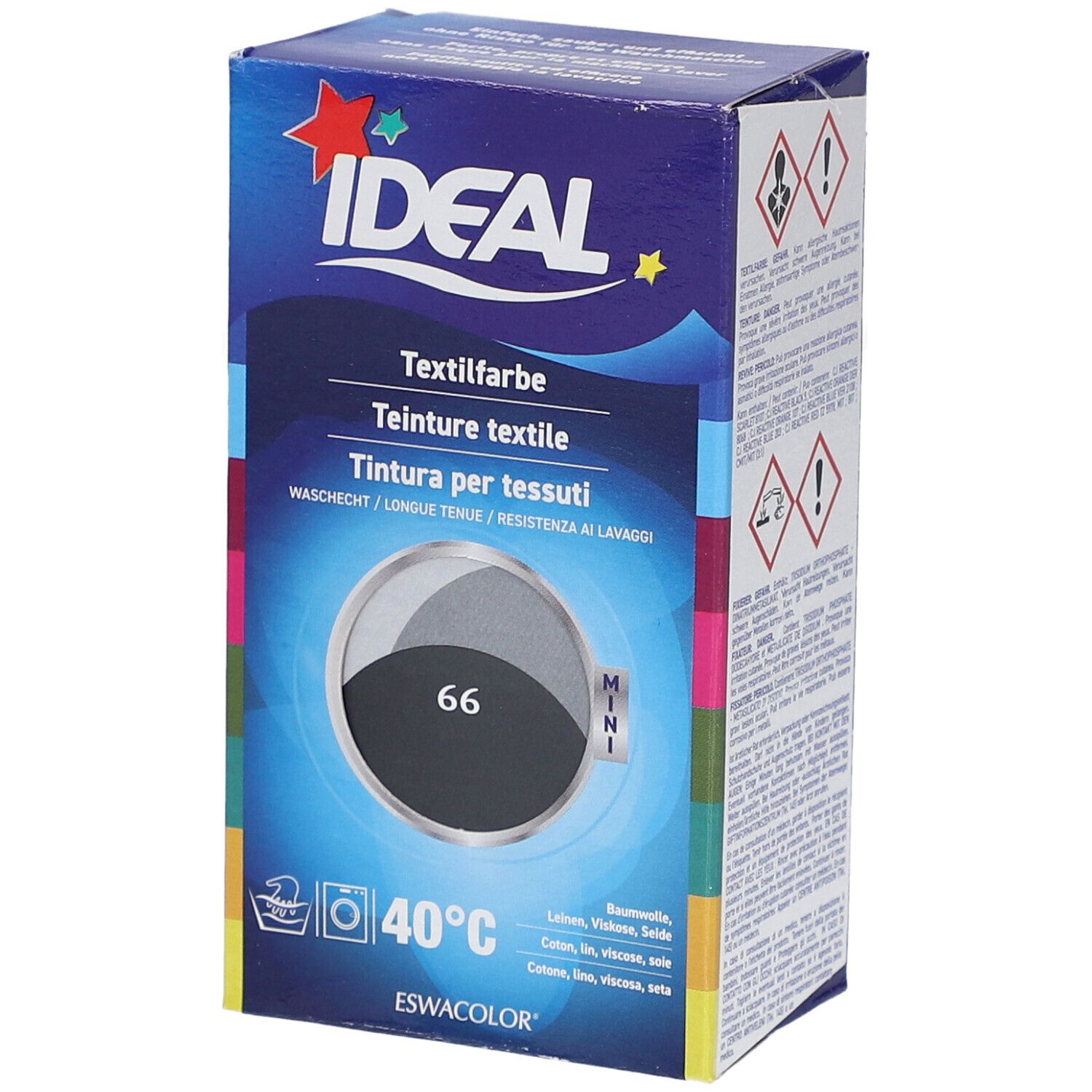Ideal MINI Teinture textile No66 gris anthracite. Boîte avec informations produit. Symbole de lavage et température 40°C.