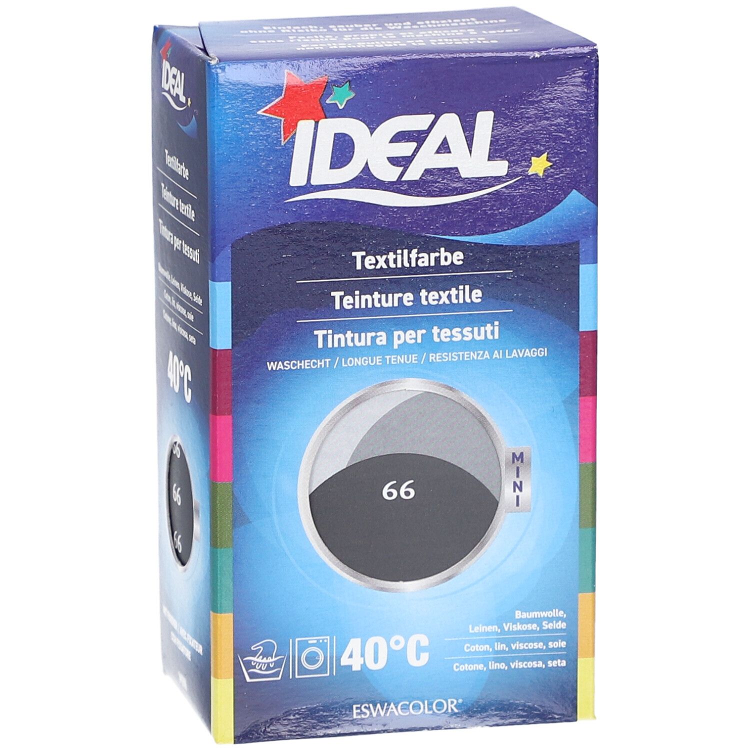 Ideal MINI Teinture textile No66 gris anthracite. Boîte avec informations produit. Symbole de lavage et température 40°C.