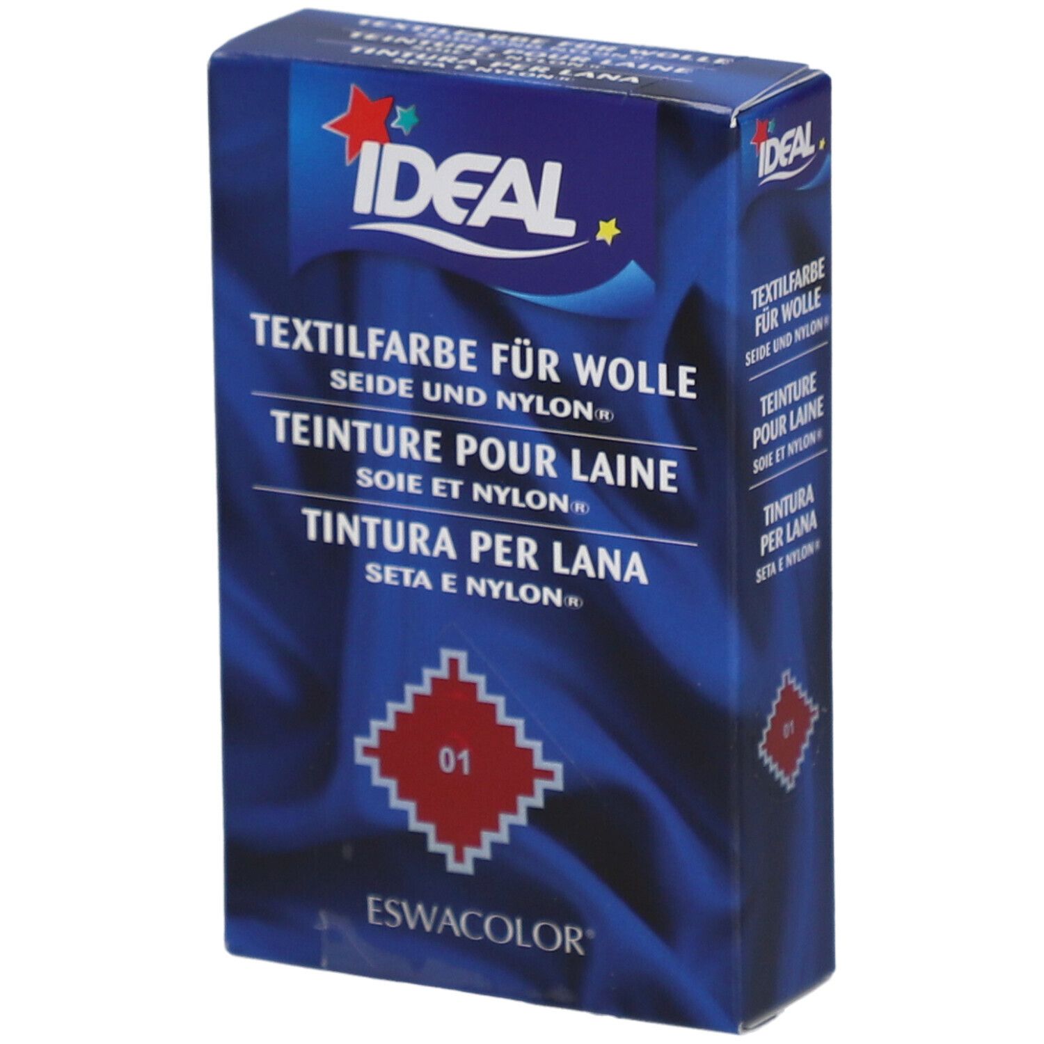 Teinture IDEAL pour laine, soie et nylon, teinte 01 rouge. Boîte avec logo et désignation du produit.