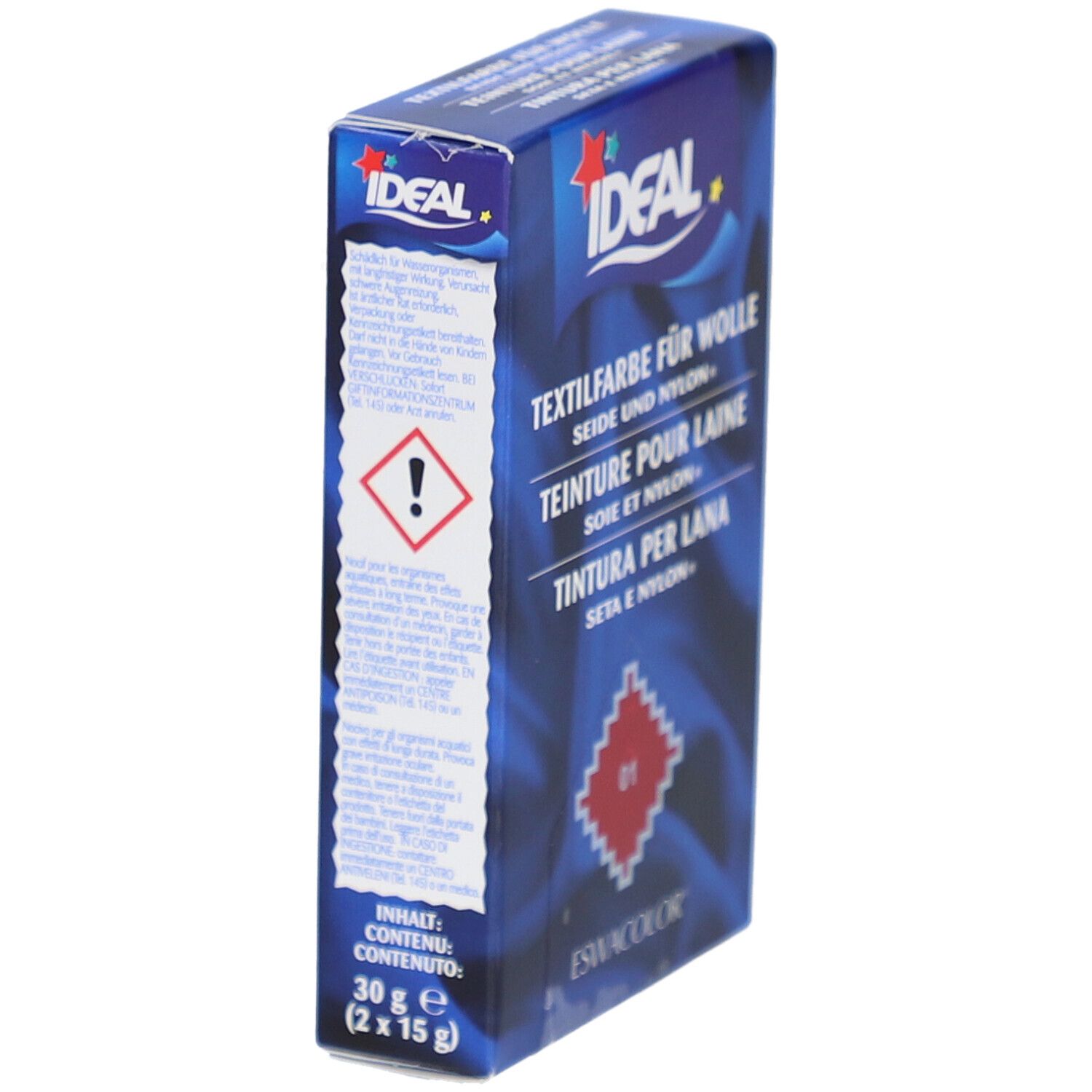 Teinture IDEAL. Emballage avec avertissement et informations produit. Contient 30g (2 x 15g).