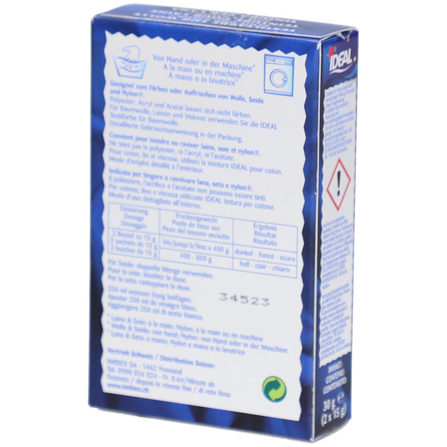 Dos de l'emballage de la teinture IDEAL. Contient des informations sur l'utilisation et le dosage.