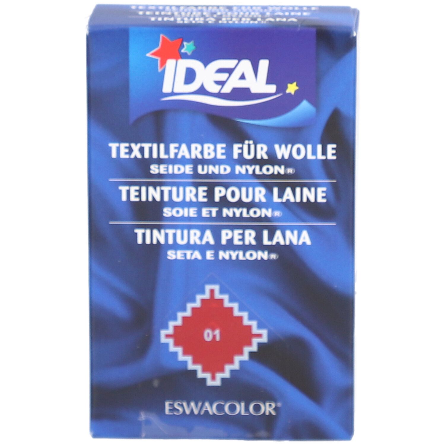 Teinture IDEAL pour laine, soie et nylon, teinte 01 rouge. Boîte avec logo et désignation du produit.