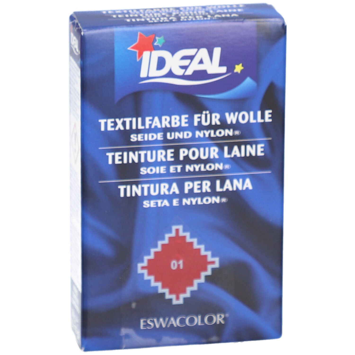 Teinture IDEAL pour laine, soie et nylon, teinte 01 rouge. Boîte avec logo et désignation du produit.