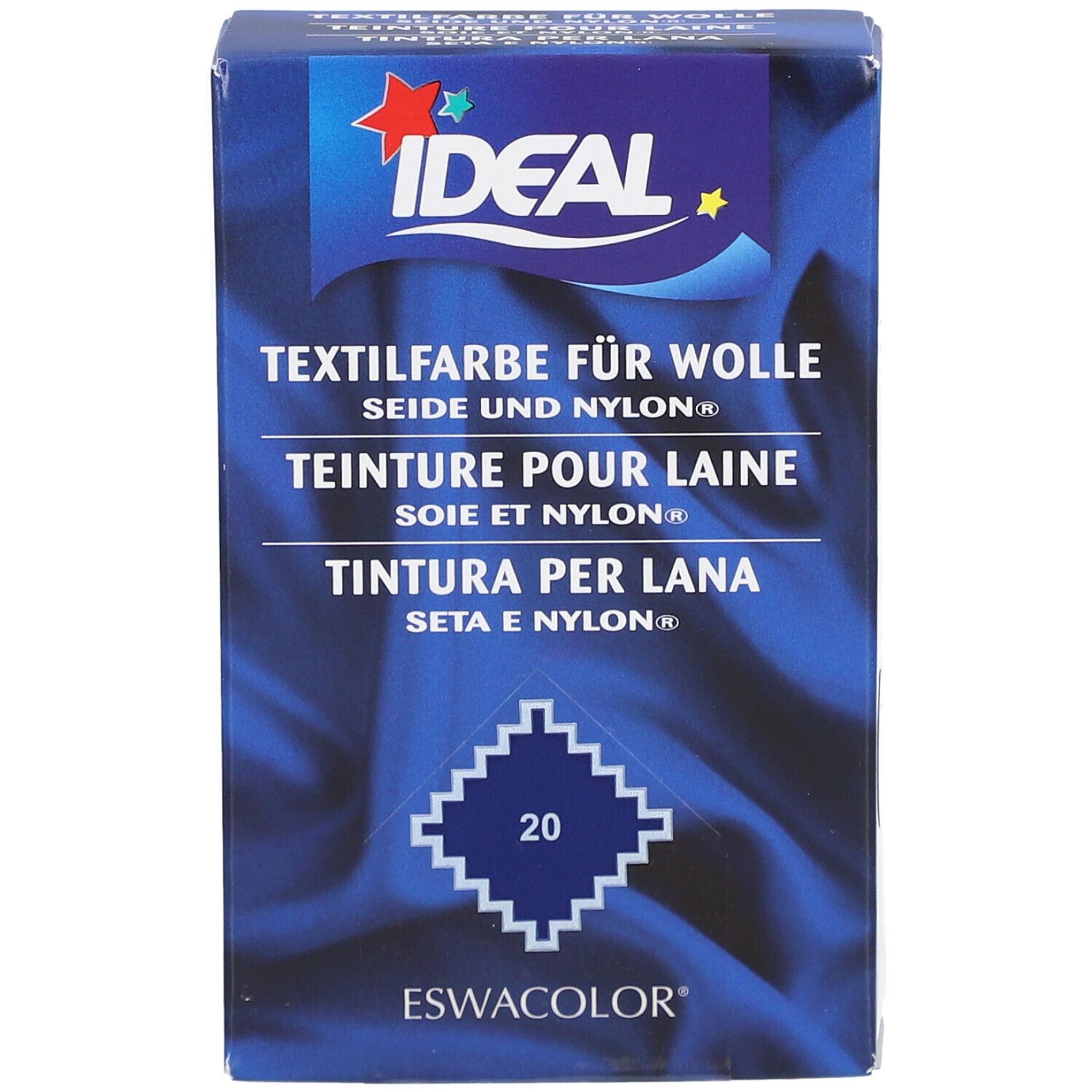 Emballage du produit. Teinture pour laine, soie et nylon. Marque IDEAL. Nom du produit, logo et numéro de couleur 20.