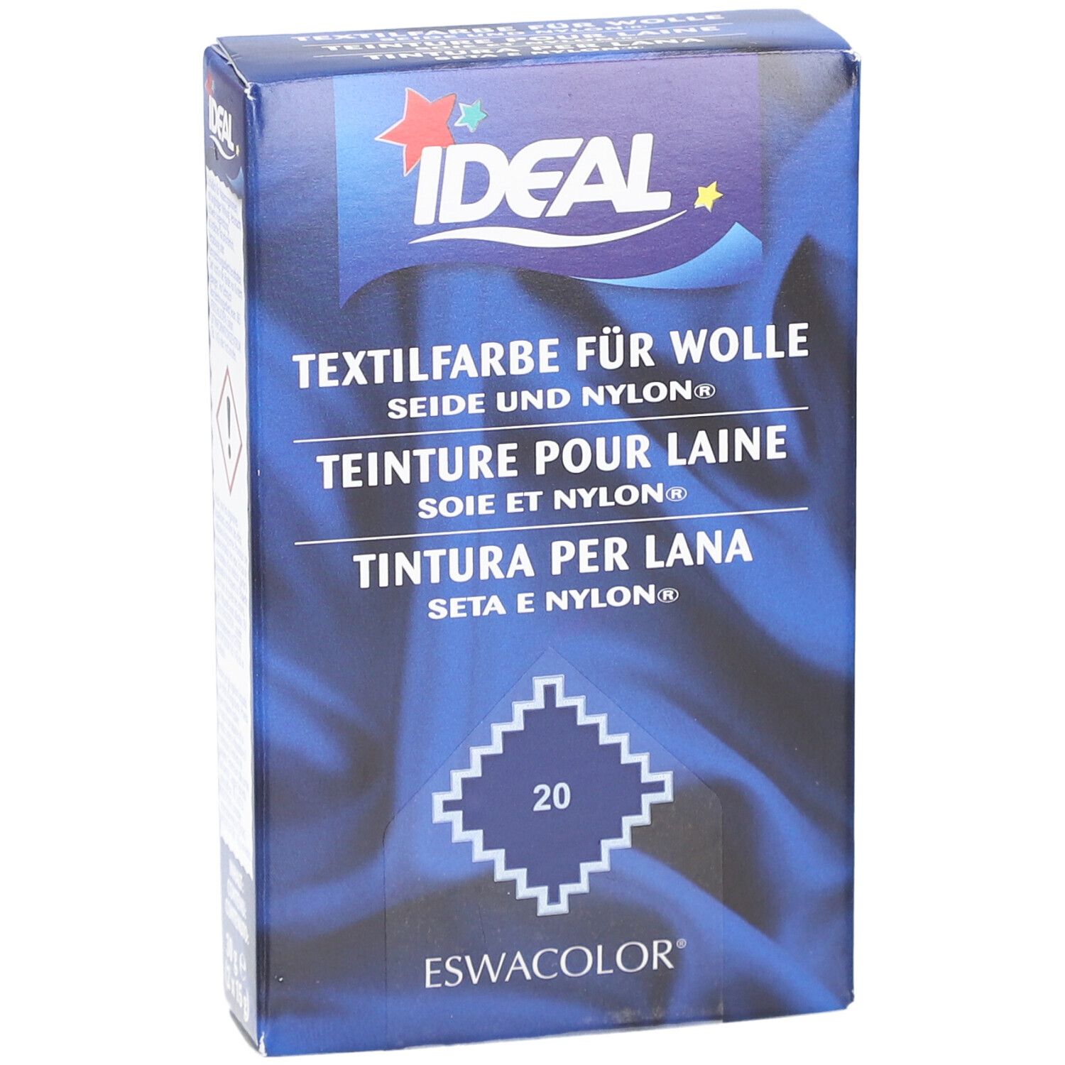 Emballage du produit. Teinture pour laine, soie et nylon. Marque IDEAL. Nom du produit, logo et numéro de couleur 20.