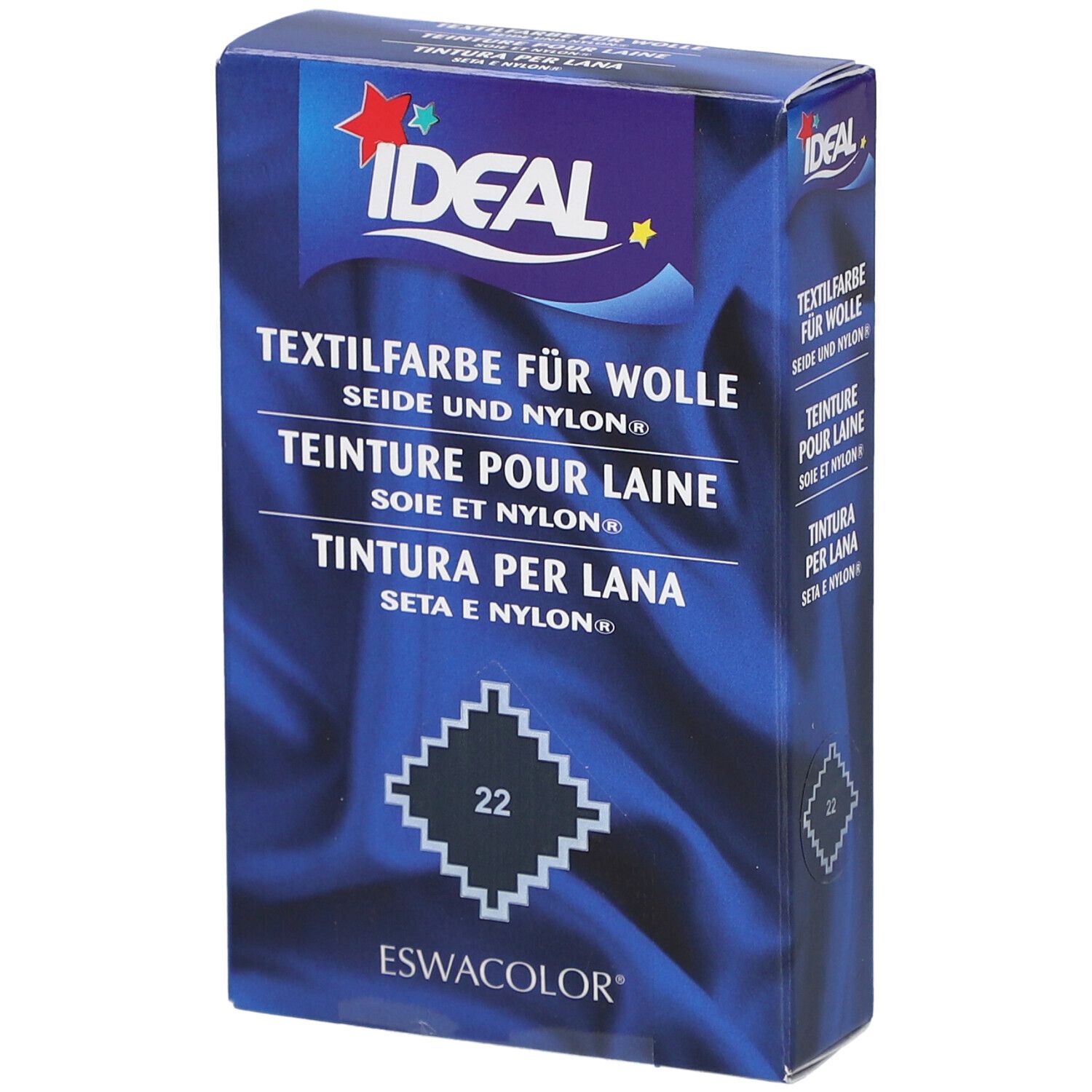Teinture IDEAL pour laine, soie et nylon, gris souris n°22. Boîte avec logo et désignation du produit.