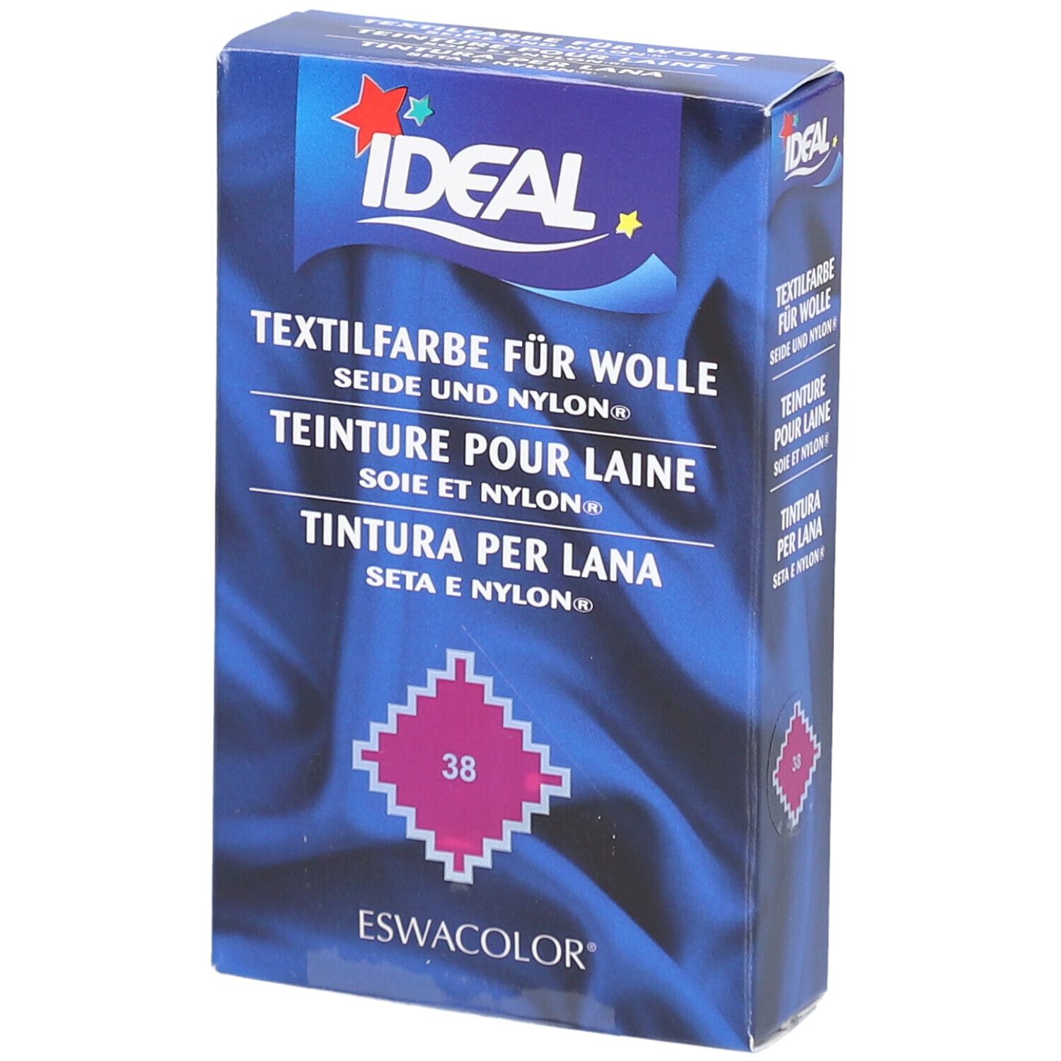 Teinture IDEAL pour laine, soie et nylon. Teinte fuchsia 38. Boîte avec logo et nom du produit.