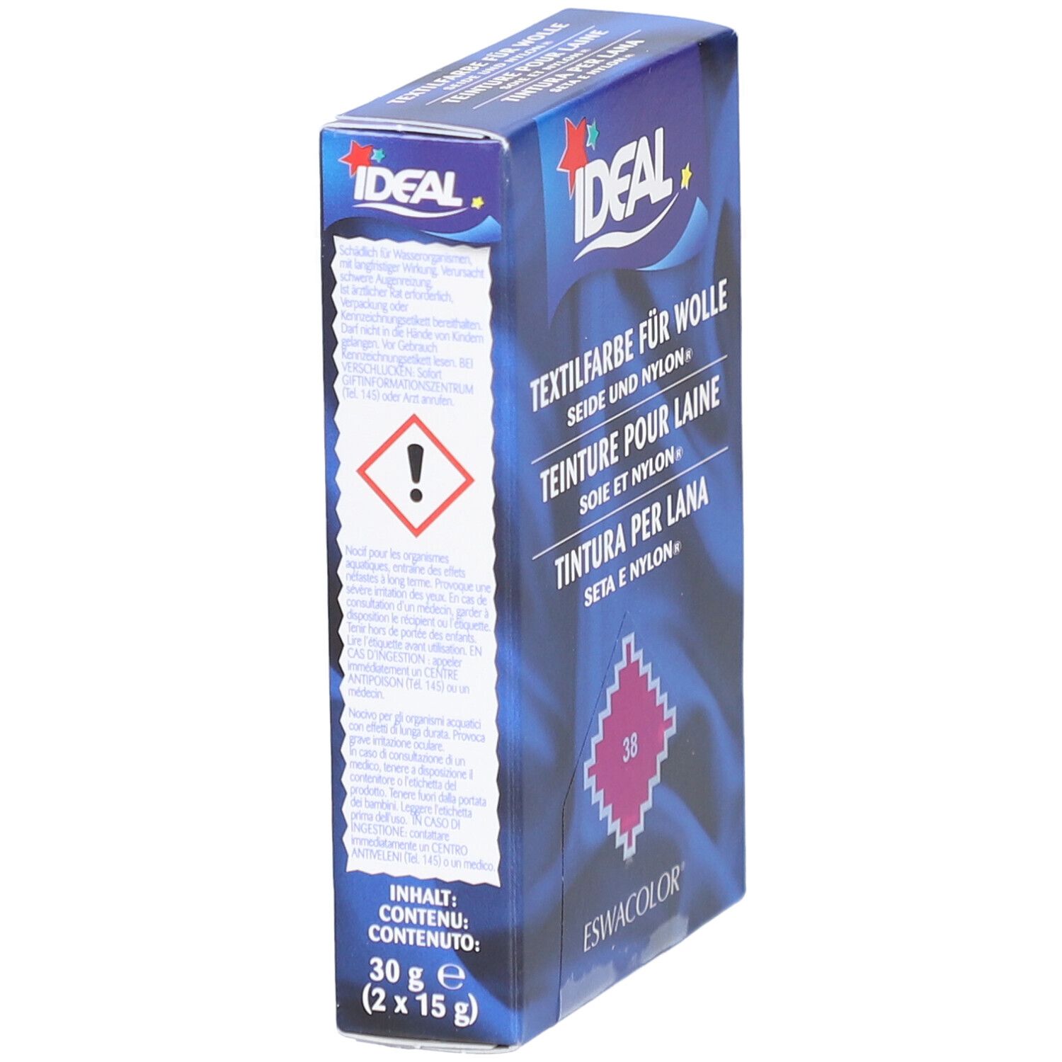 Emballage de teinture IDEAL. Contient 30g (2x15g). Avertissement. Nom et logo du produit visibles.